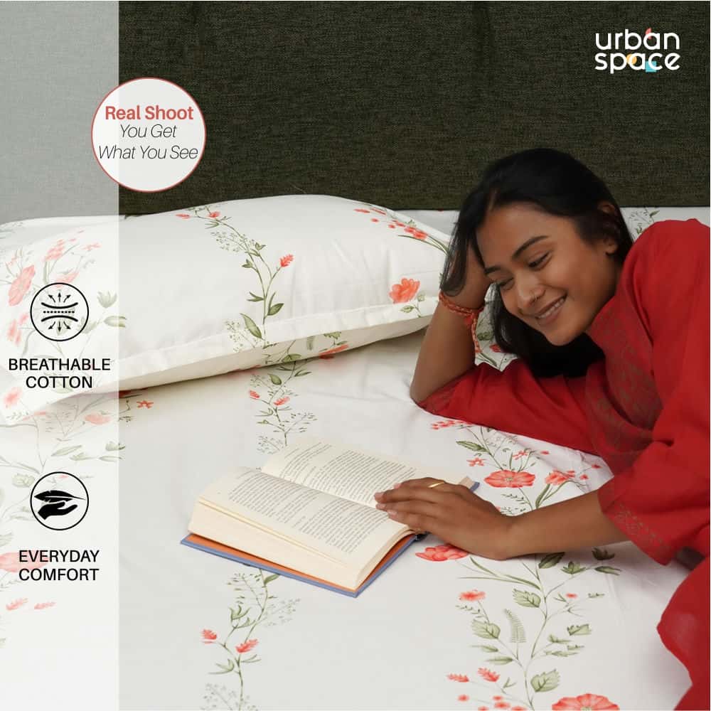 Urban Space -Home Furnishing Store Serene Collection - Breathable 200 TC 100% Pure Cotton Single Bedsheet with Pillow Cover, Veil Bloom- Peach - view 5