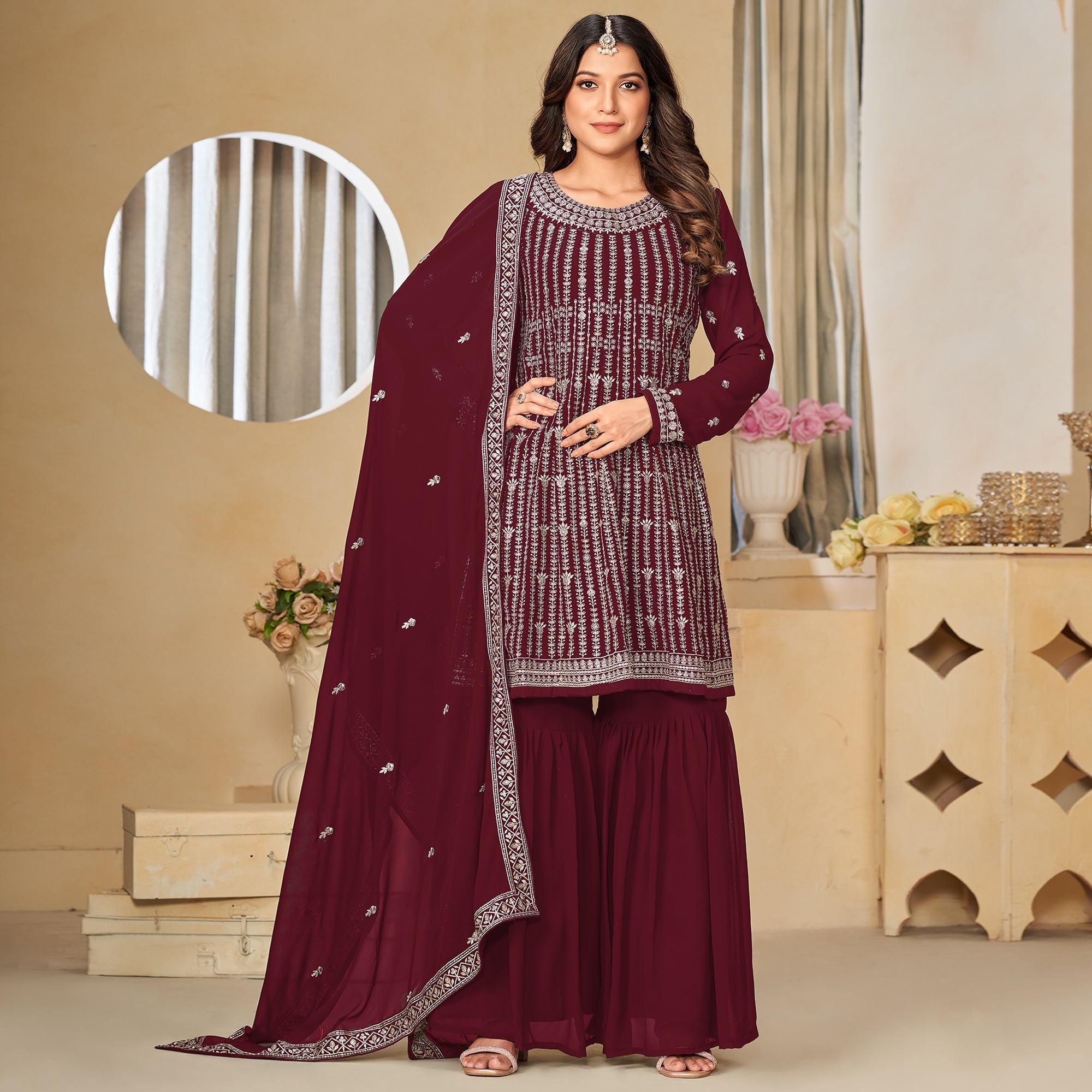 Peachmode Maroon Floral Sequins Embroidered Georgette Semi Stitched Sharara Suit - view 2