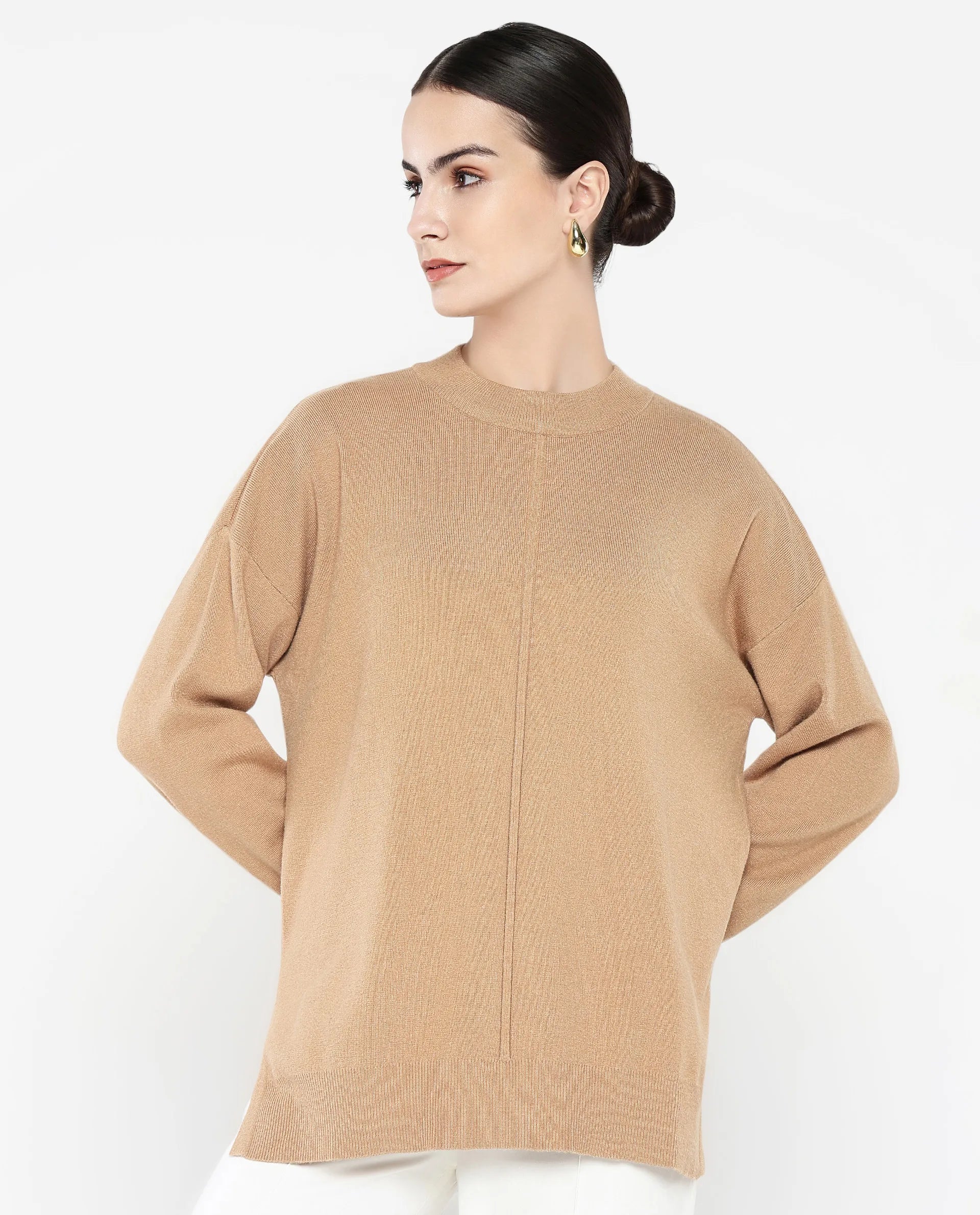 Rareism Women Omerli T Beige Oversized Fit Plain Sweater - view 3