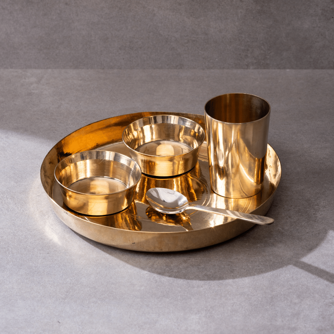 P-TAL Kansa Dinner Thaali Set (11" Thaali) - 5 pieces (1 Thaali, 2 Bowls, 1 glass and 1 spoon)
