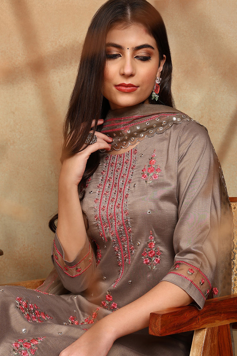 Ahika Brown Silk Blend Solid Embroidered Straight Trouser Bottom Suit Set PKSKD2633
