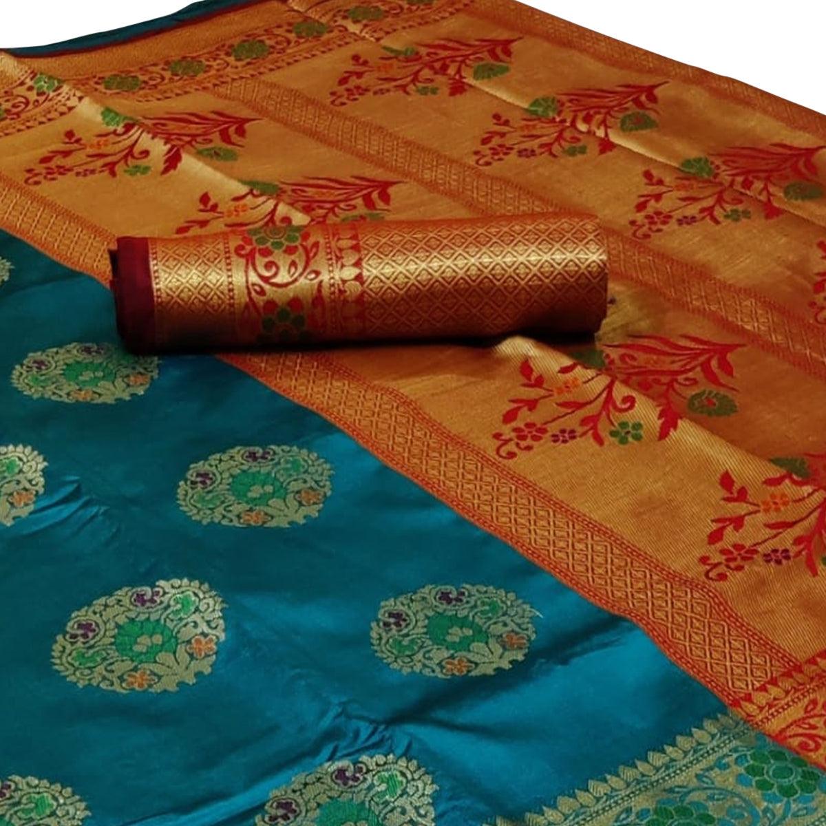 Peachmode Exceptional Turquoise Blue Colored Festive Wear Woven Silk Saree - view 2