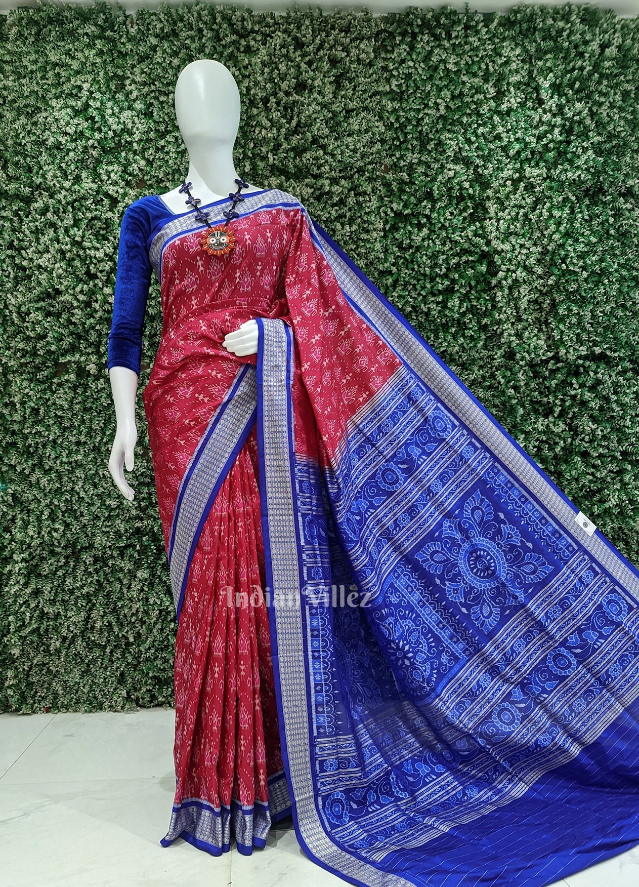 IndianVillèz Pink Royal Blue Tribal Theme Sambalpuri Silk Saree