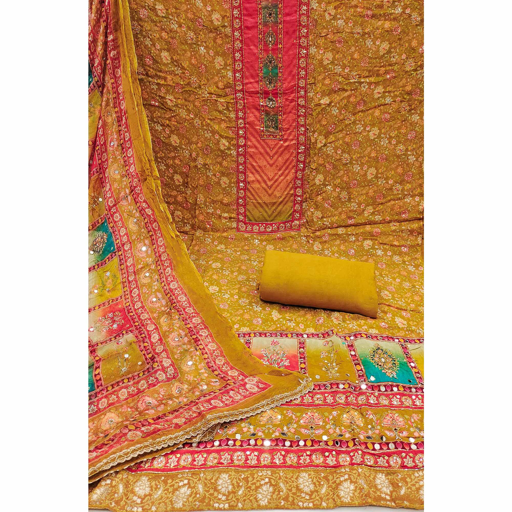 Peachmode Mustard Embroidered With Printed Work Muslin Dress Material - view 3