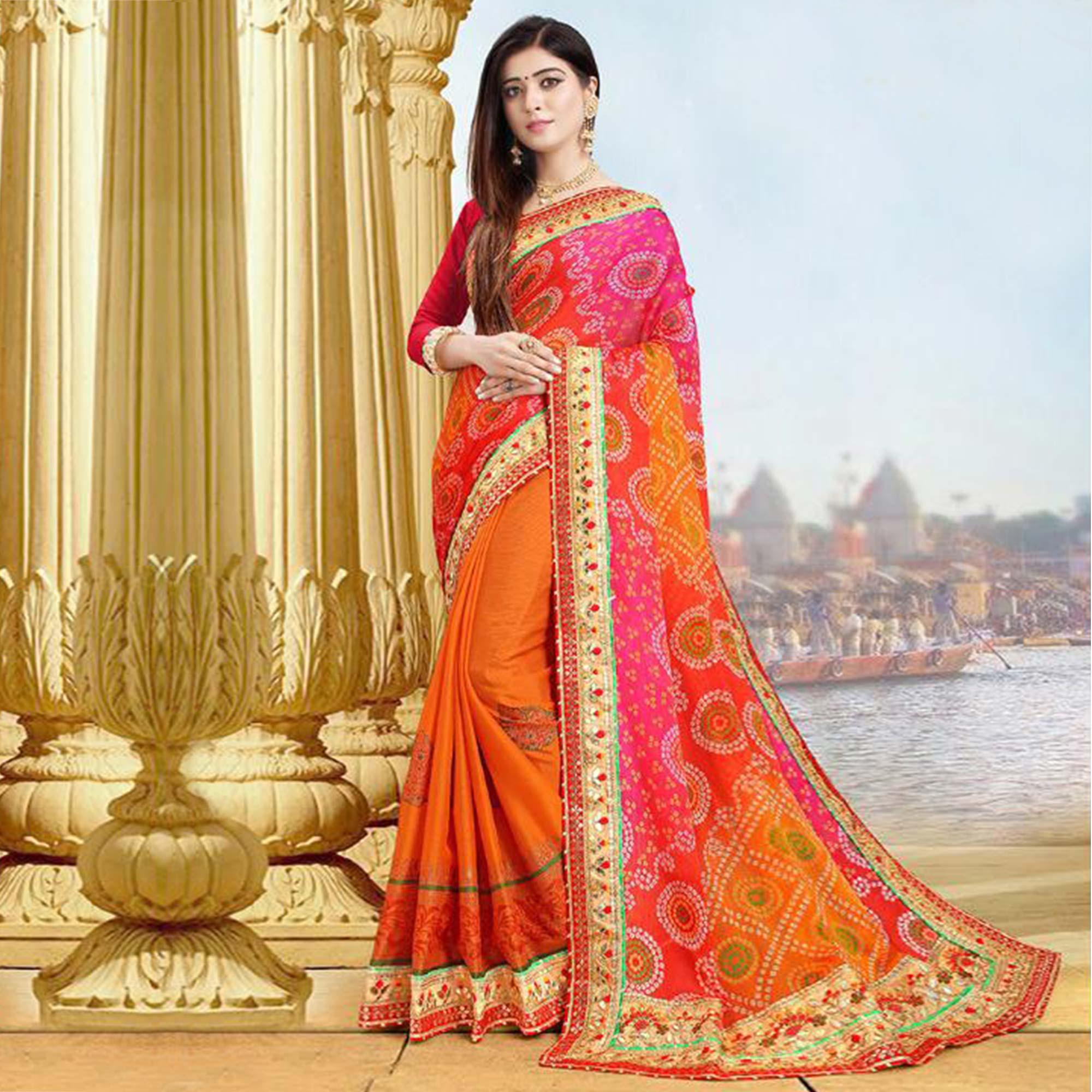 Peachmode Ideal Orange Colored Festive Wear Zari Work Moss Chiffon Half-Half Saree