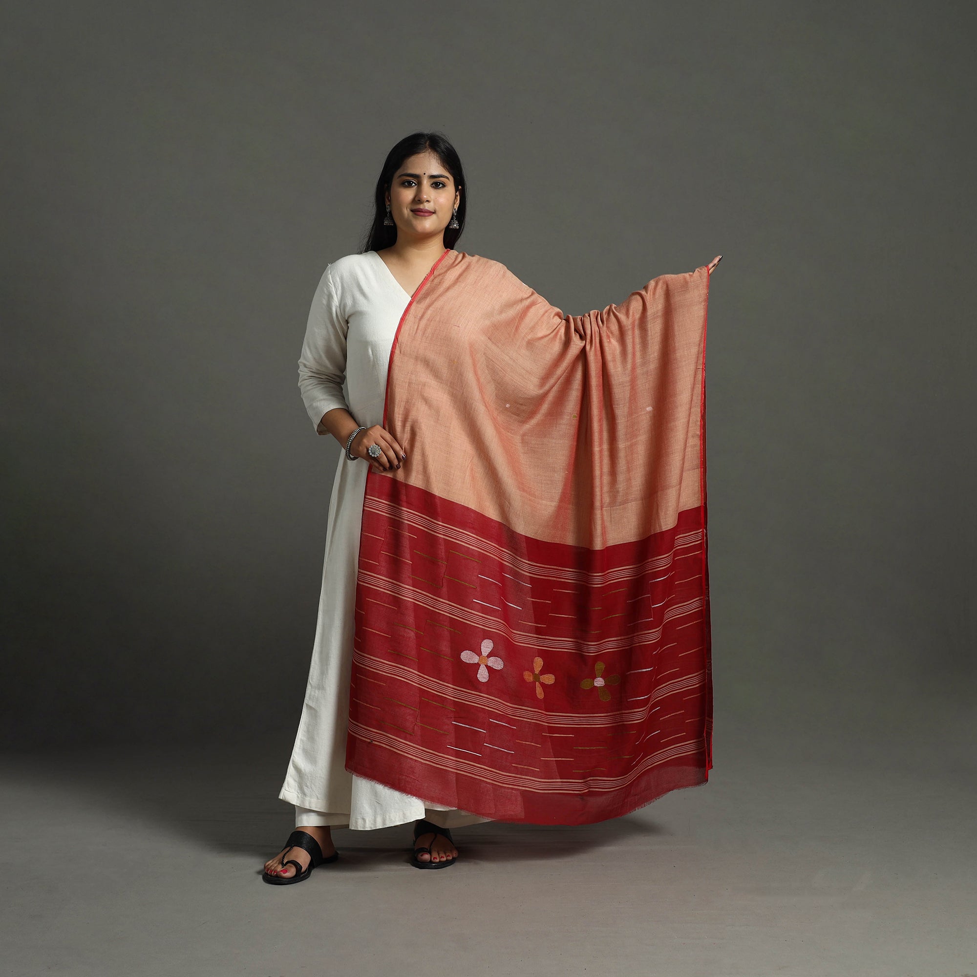 ITOKRI CRAFTS INITIATIVE Brown - Handspun Handloom Cotton Jamdani Dupatta 33 - view 2