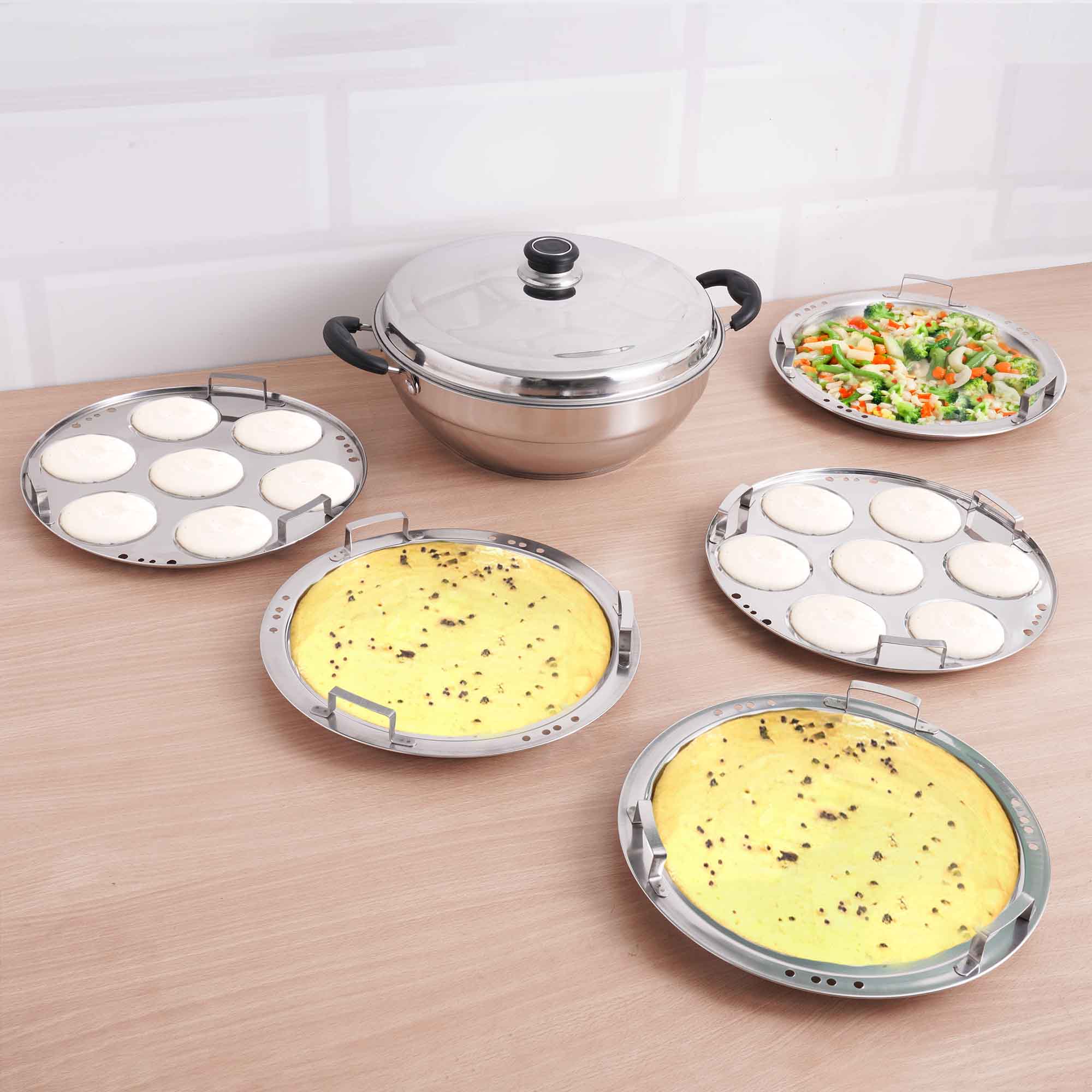 The Indus Valley Tri-Steel Premium Stainless Steel Idli/ Dhokla/ Momo Maker/ Multi Pot/ Veg Steaming Set, Tri-ply Induction Bottom, 7 pit, 5 Plates, 4