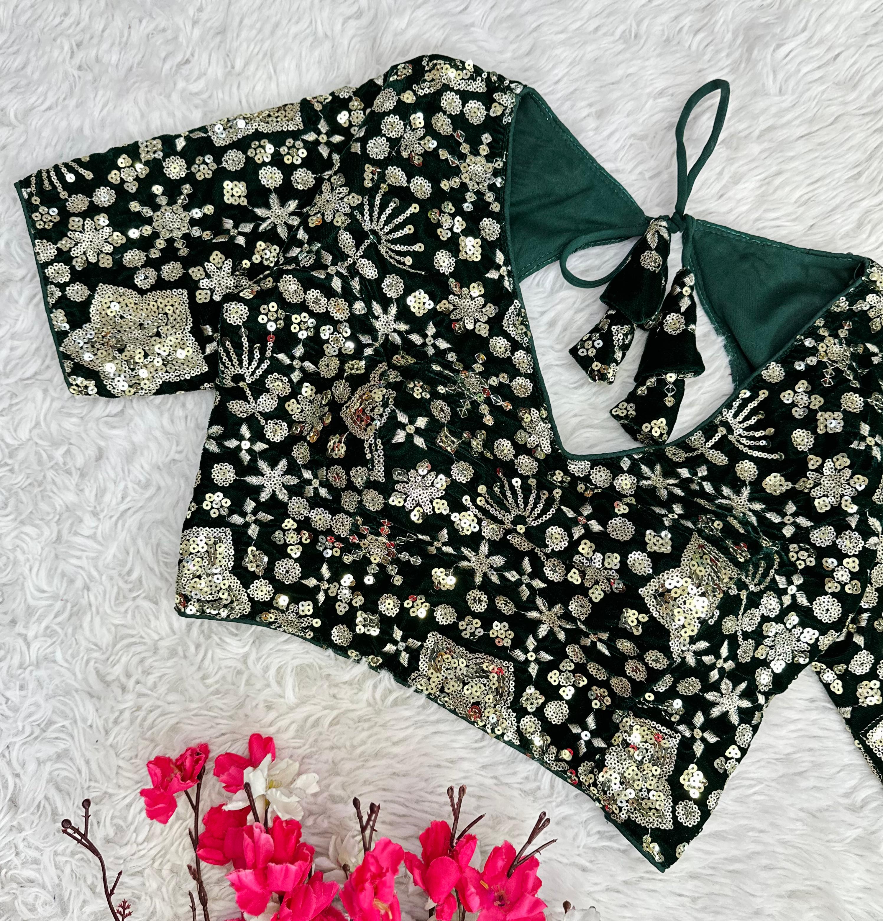 ClothsVilla Dark Green Golden Embroidered Velvet Blouse with Sequins