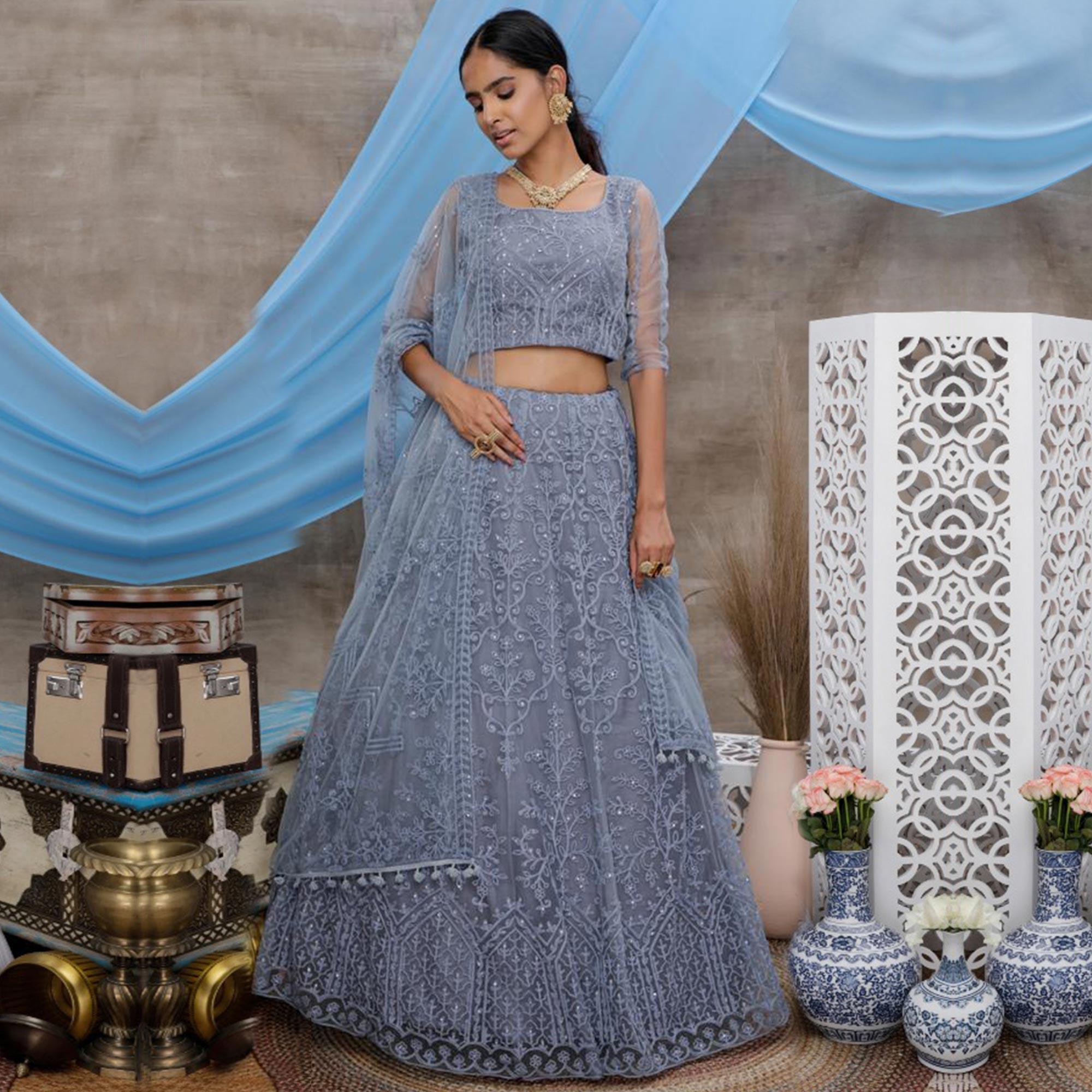 Peachmode Desirable Grey Colored Party Wear Embroidered Net Lehenga Choli
