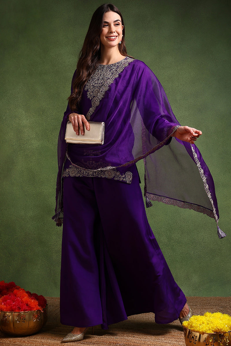 Ahika Purple Silk Blend Solid Embroidered Straight Palazzo Suit Set PKSKD2706 - view 2
