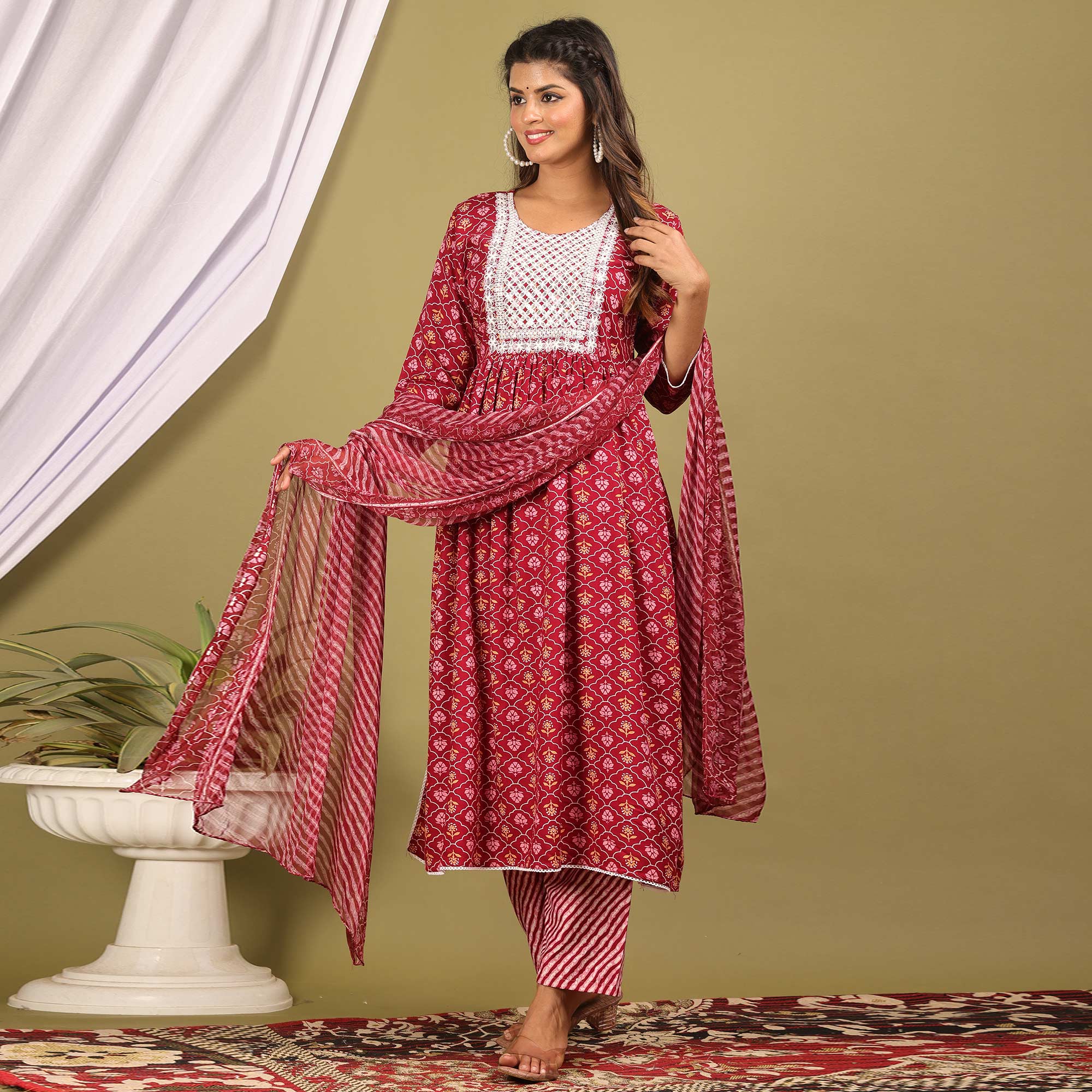 Peachmode Seller Maroon Printed With Embroidered Rayon Naira Cut Suit - view 2
