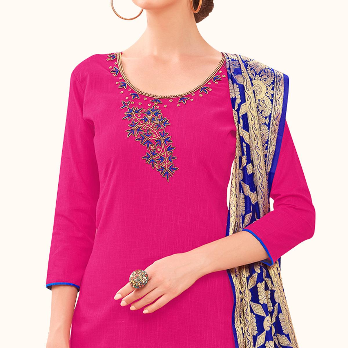 Peachmode Majesty Pink Colored Casual Wear Embroidered Cotton Dress Material With Banarasi Silk Dupatta - view 2