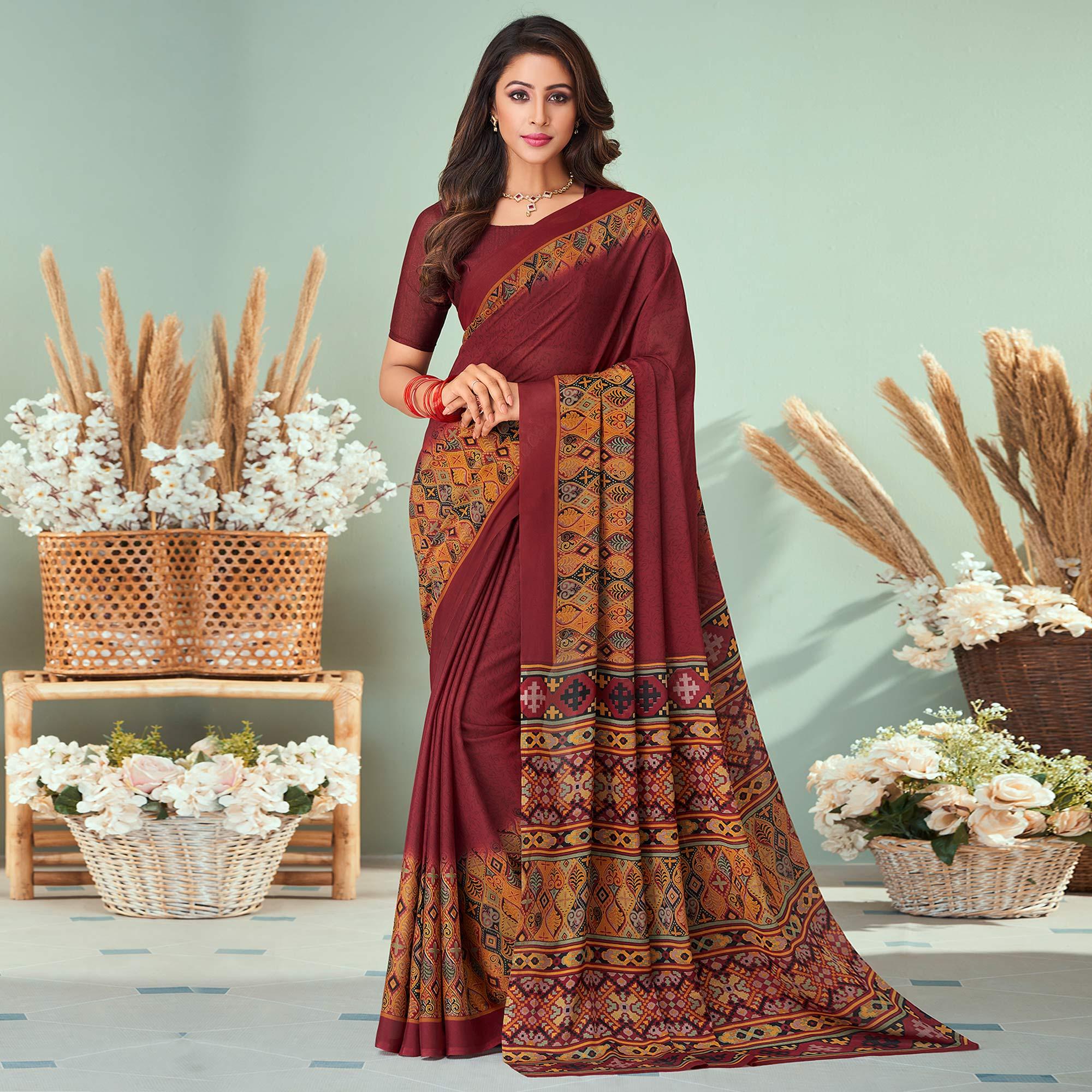 Peachmode Maroon Printed Raw Silk Saree – Women's