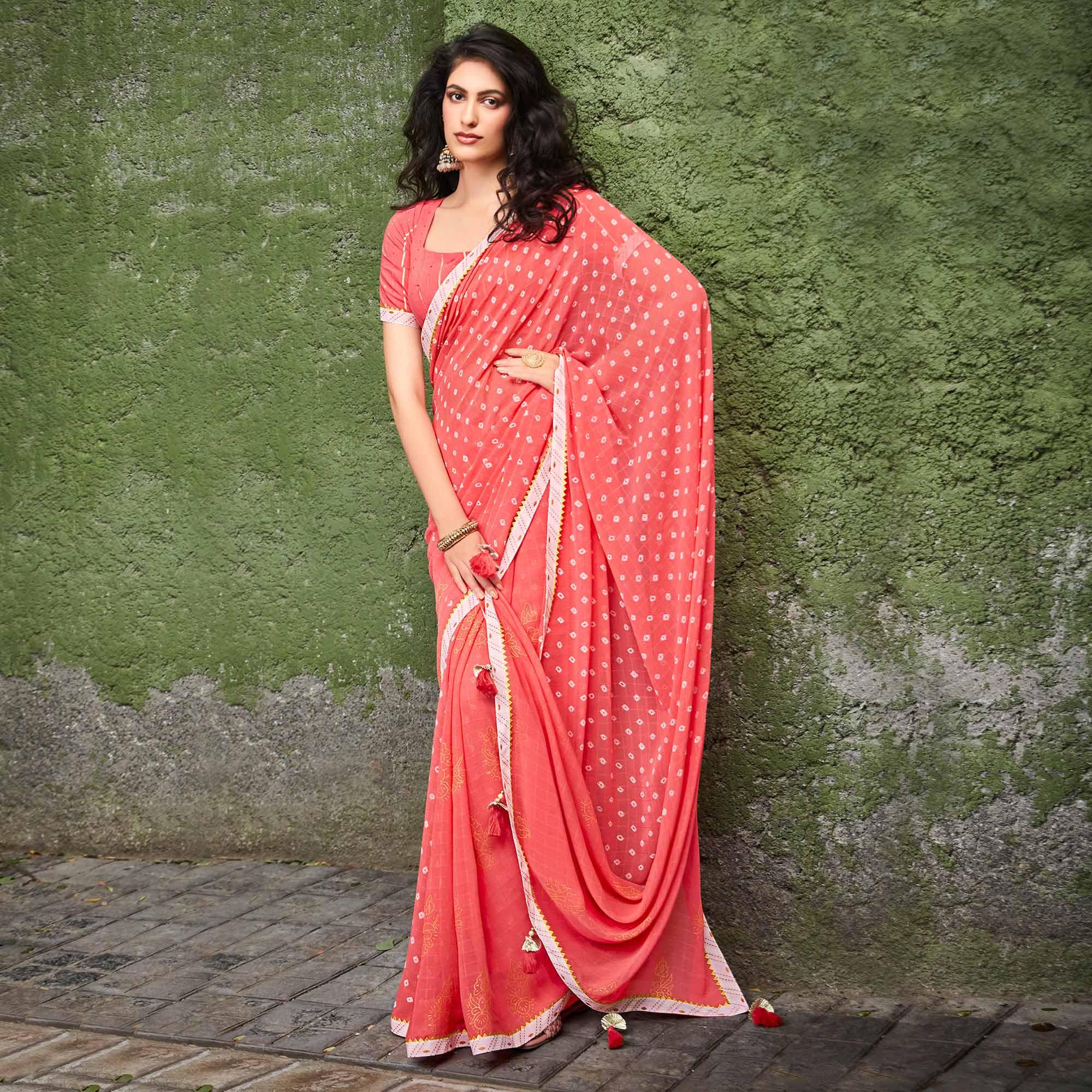 Peachmode Gajari Pink Printed With Gota Patti Border Georgette Saree