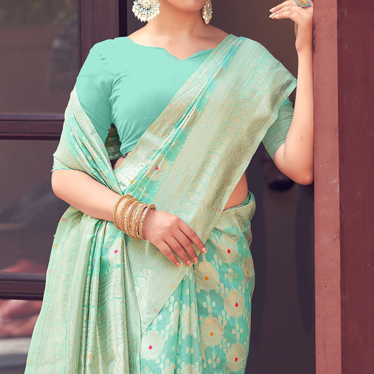 Peachmode Light Rama Green Woven Cotton Silk Saree With Tassels - view 3