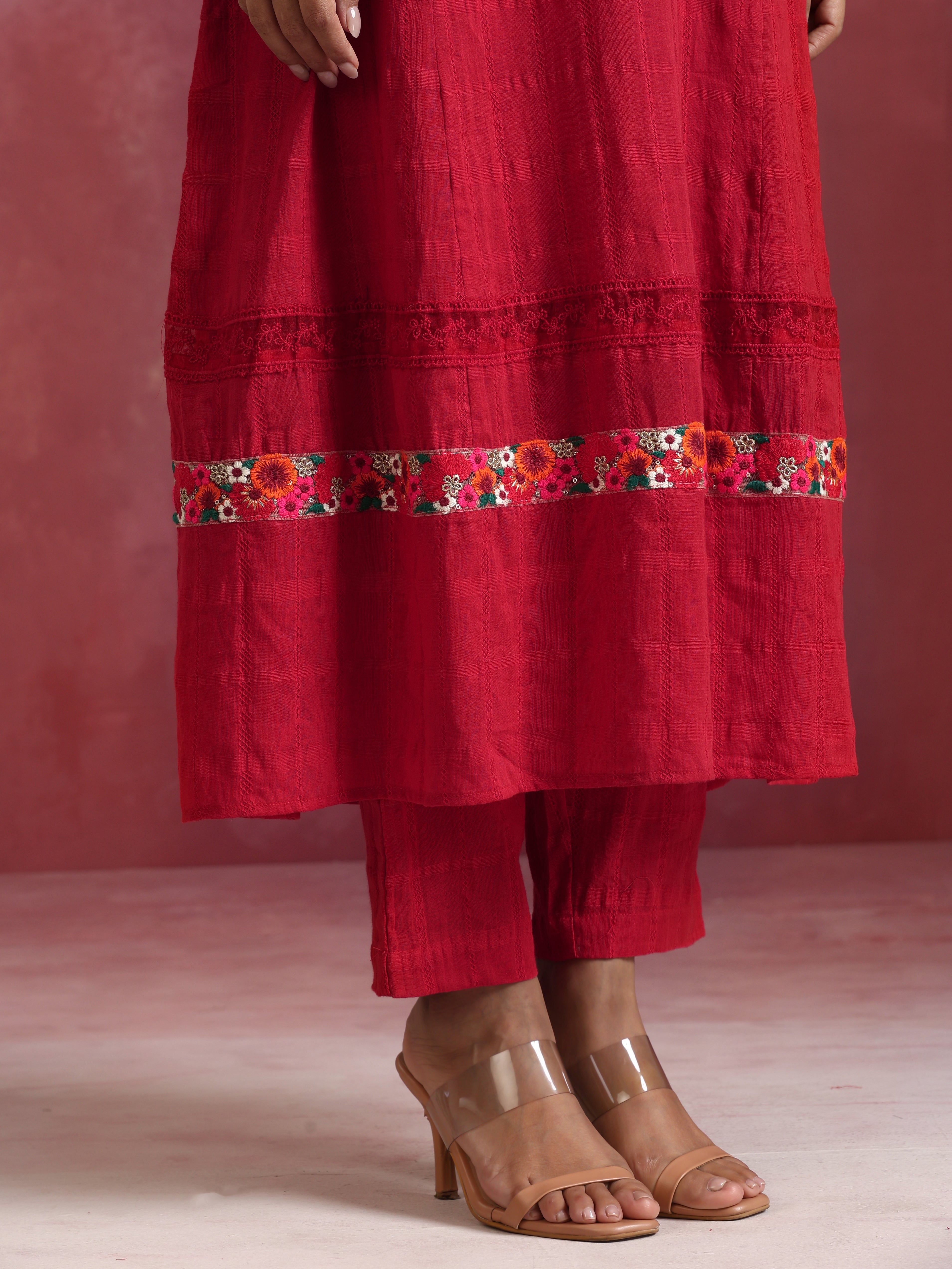 trueBrowns Red Cotton Dobby Flared Kurta Set - view 5