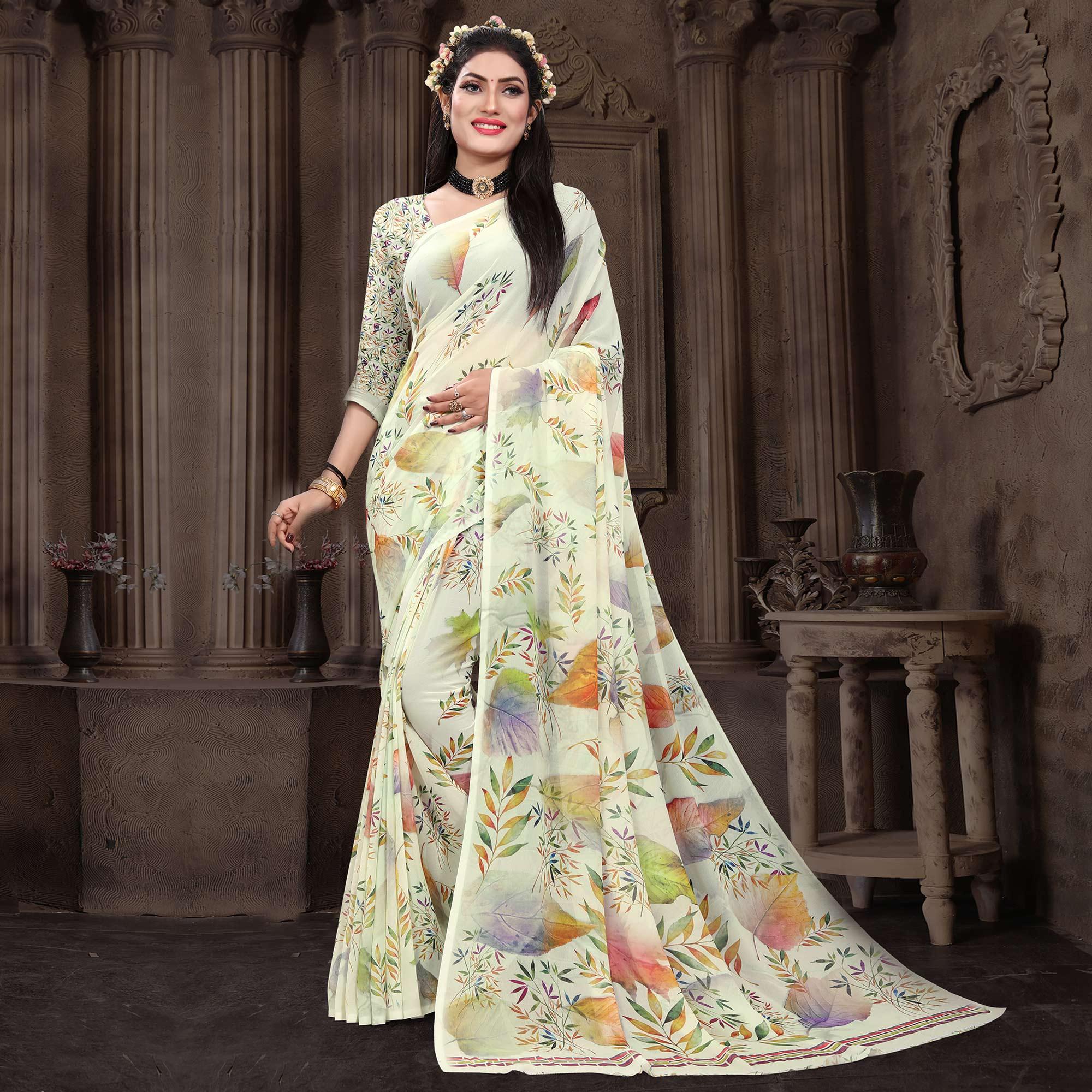 Peachmode Cream Casual Wear Floral Printed Georgette Saree - view 2