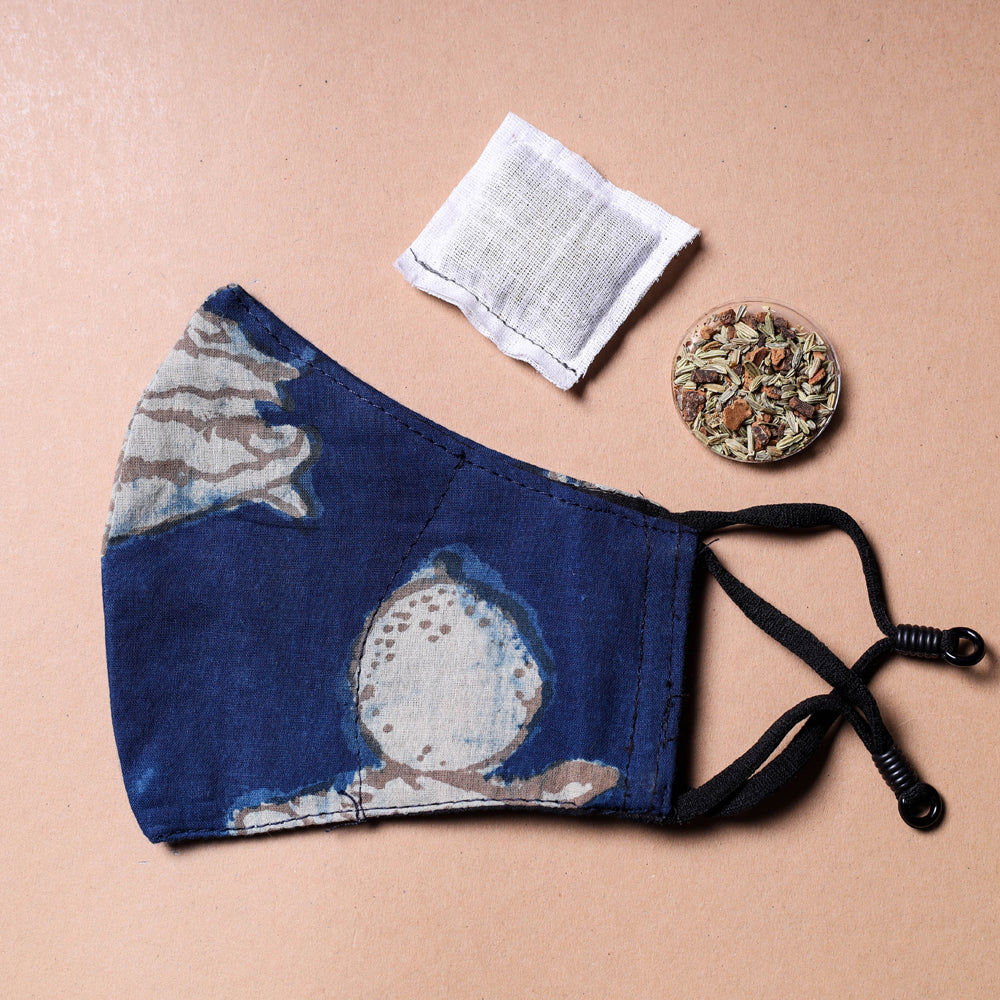 JALPARI Bindaas Block Printed Cotton 3 Layer Snug Fit Face Cover with Herb Pocket