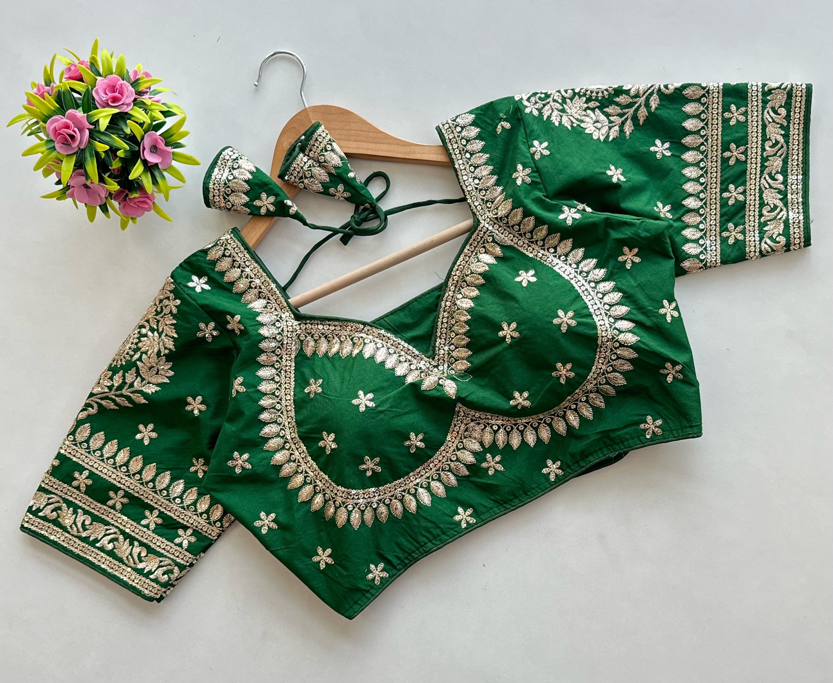 ClothsVilla Green Golden Embroidered Blubbery Silk Blouse with Sequins