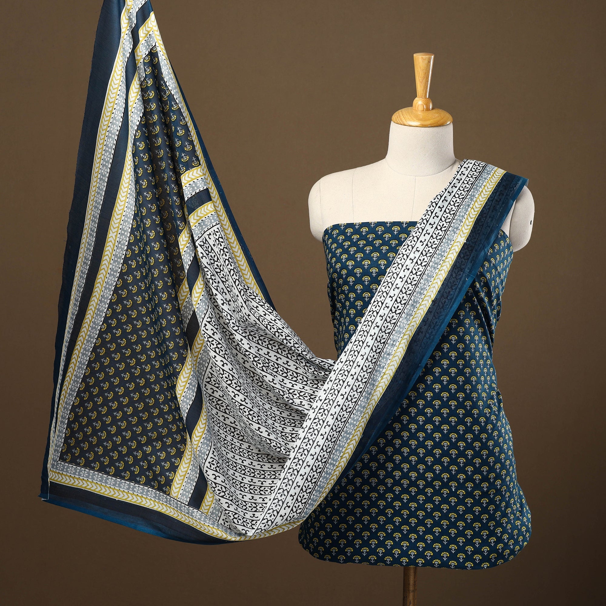 ARTISAN HAND BLOCK PRINTS Blue - 3pc Sanganeri Block Print Cotton Dress Material 02