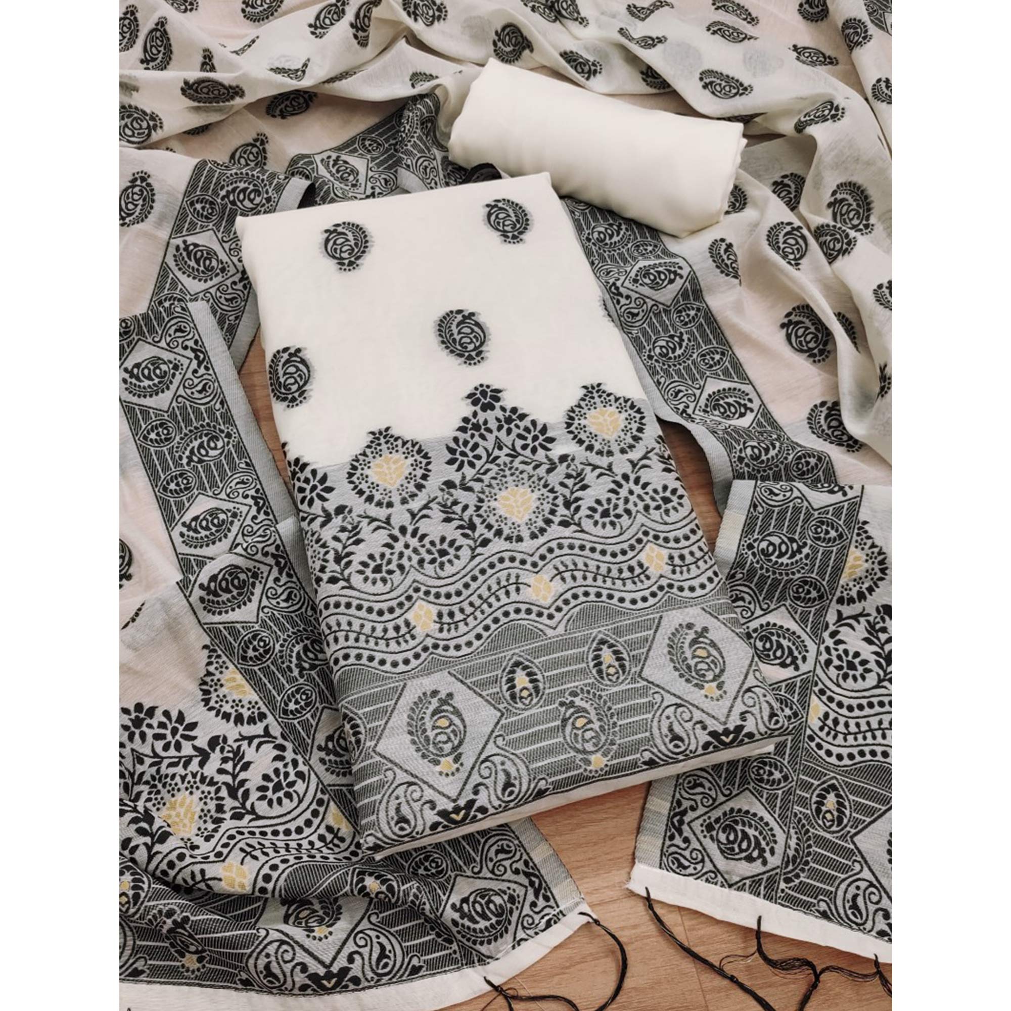 Peachmode Offwhite & Black Floral Woven Chanderi Dress Material - view 3