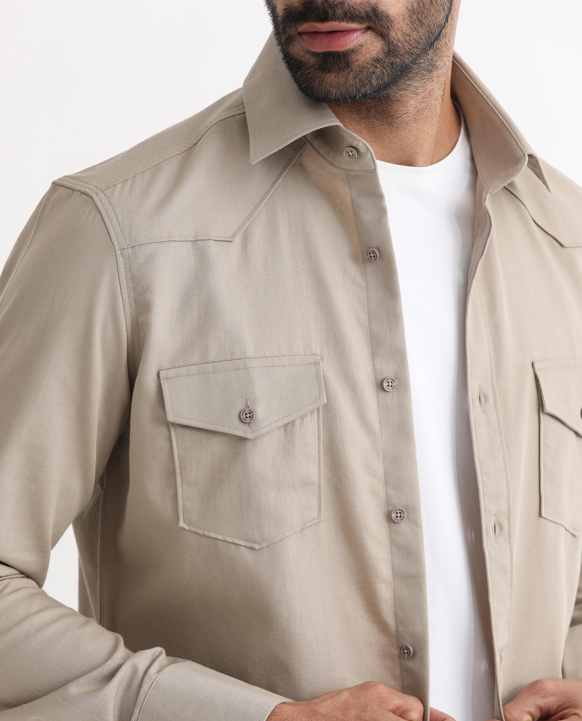 Rare Rabbit Men's Belia Beige Cotton Fabric Full Sleeves Solid Shirt - view 5