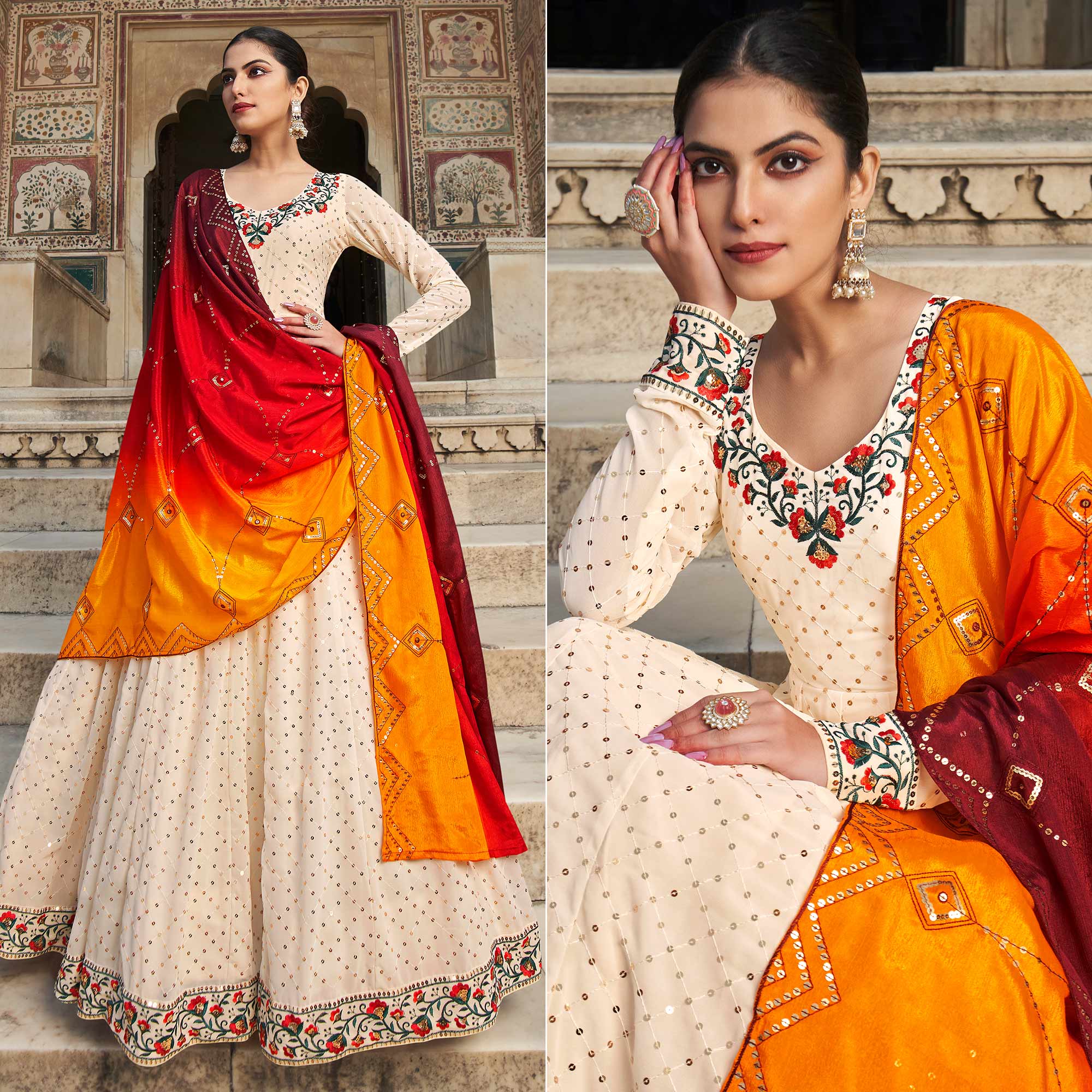 Peachmode Seller Cream Sequins Embroidered Georgette Gown With Dupatta