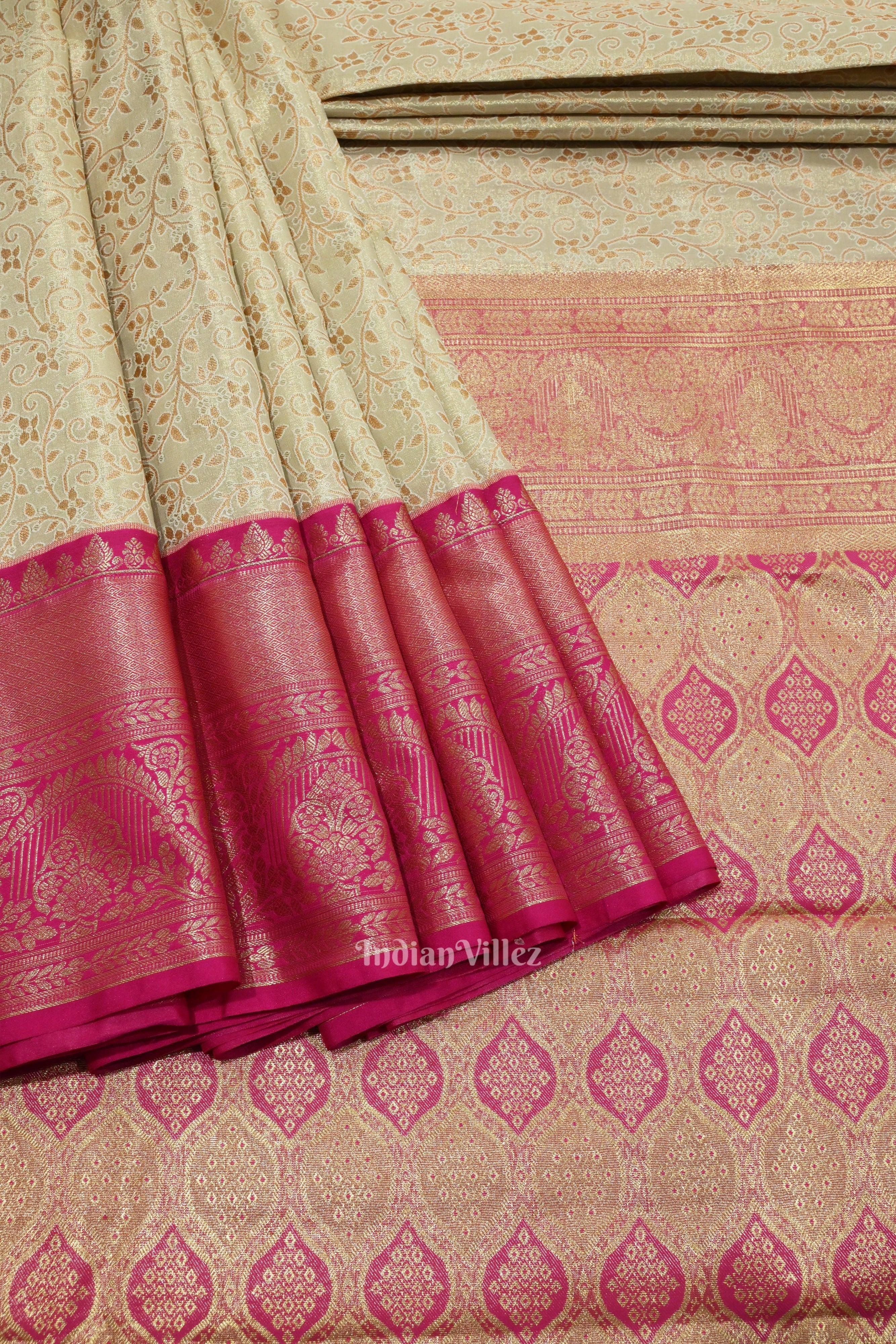 IndianVillèz Off White Pure Kanjivaram Tissue Silk Saree