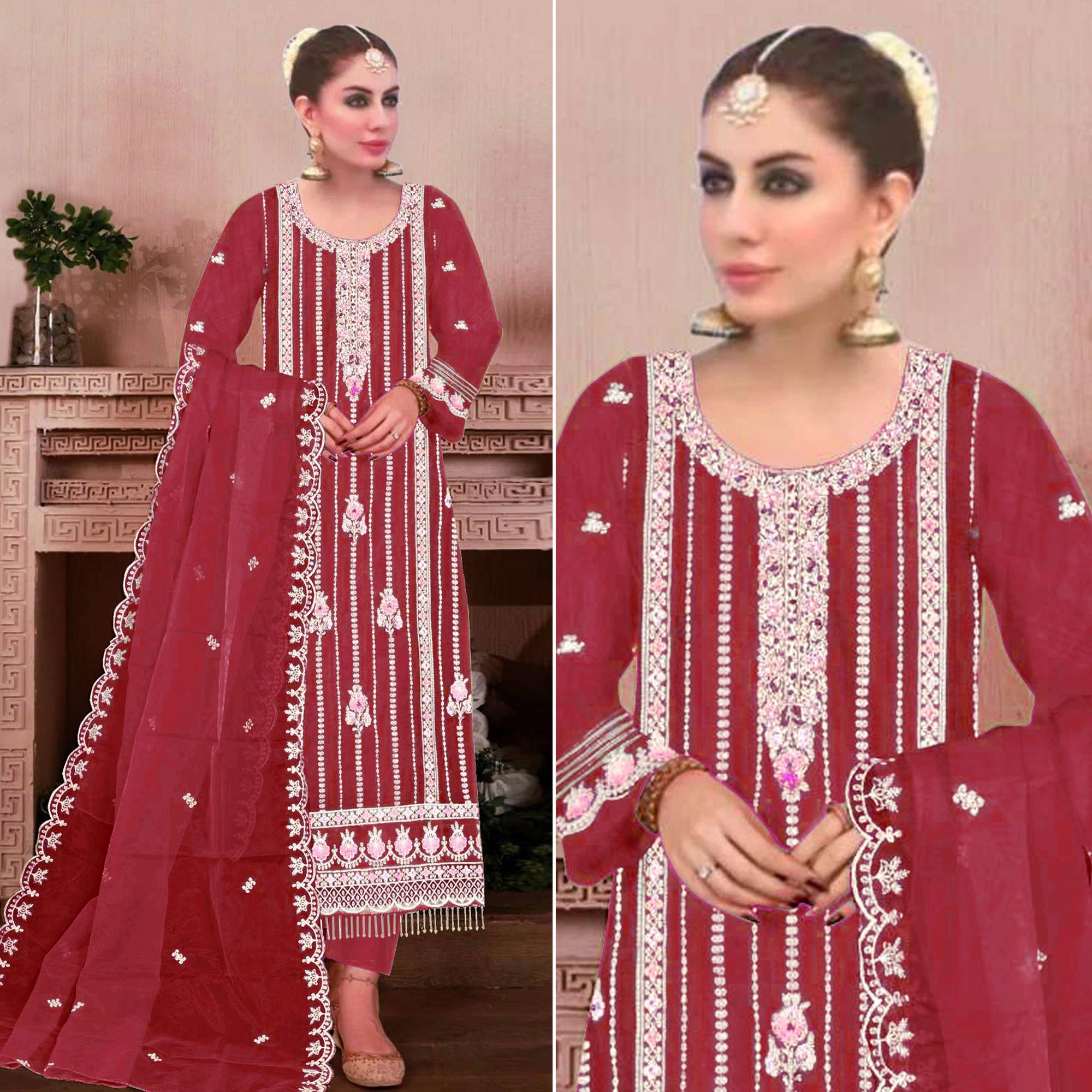 Peachmode Maroon Floral Hand Embroidered Georgette Semi Stitched Pakistani Suit
