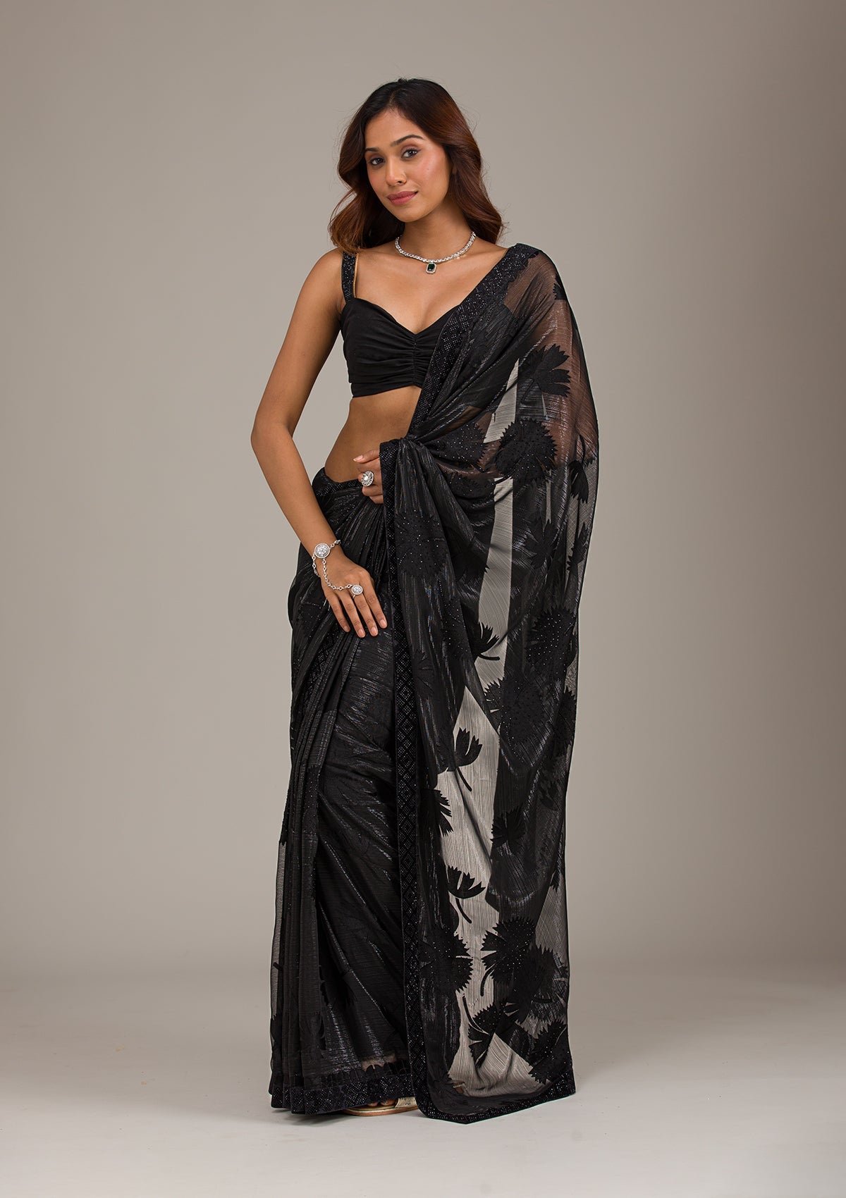 Koskii Black Stonework Organza Saree – Women's