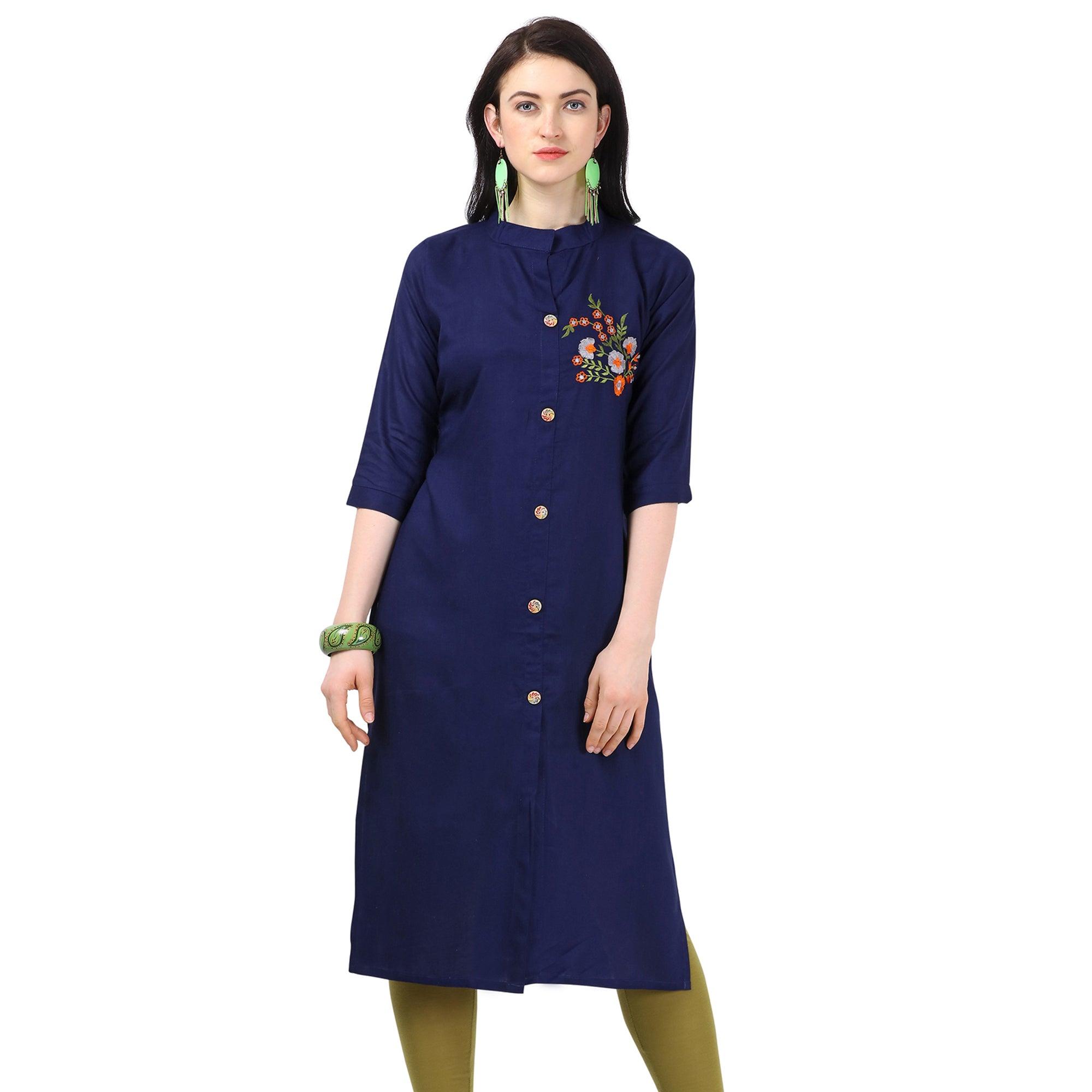 Peachmode Seller Engrossing Navy Blue Colored Partywear Embroidered Rayon Kurti
