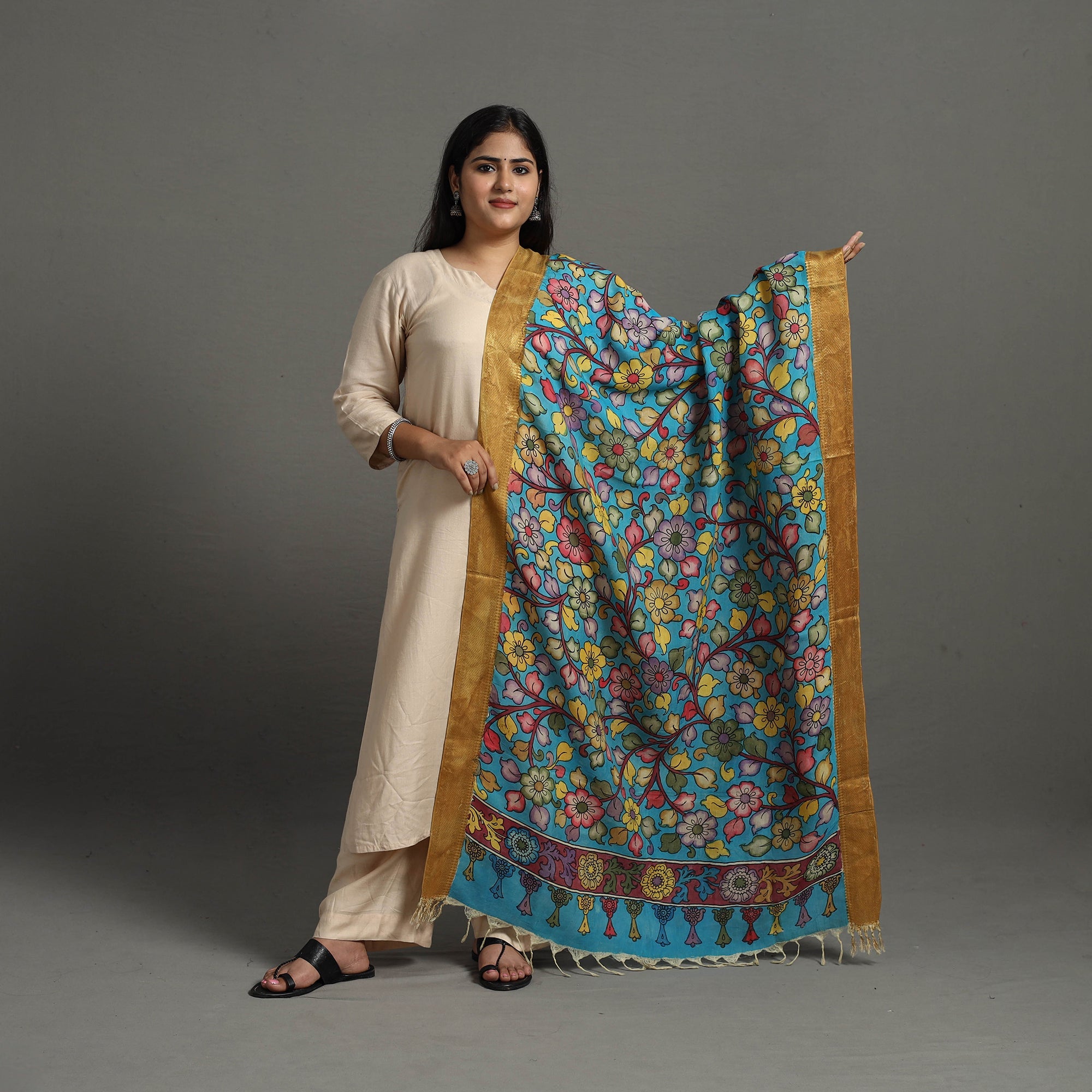 SOUTH KARGHA Blue - Chanderi Silk Srikalahasti Handpainted Pen Kalamkari Dupatta 41
