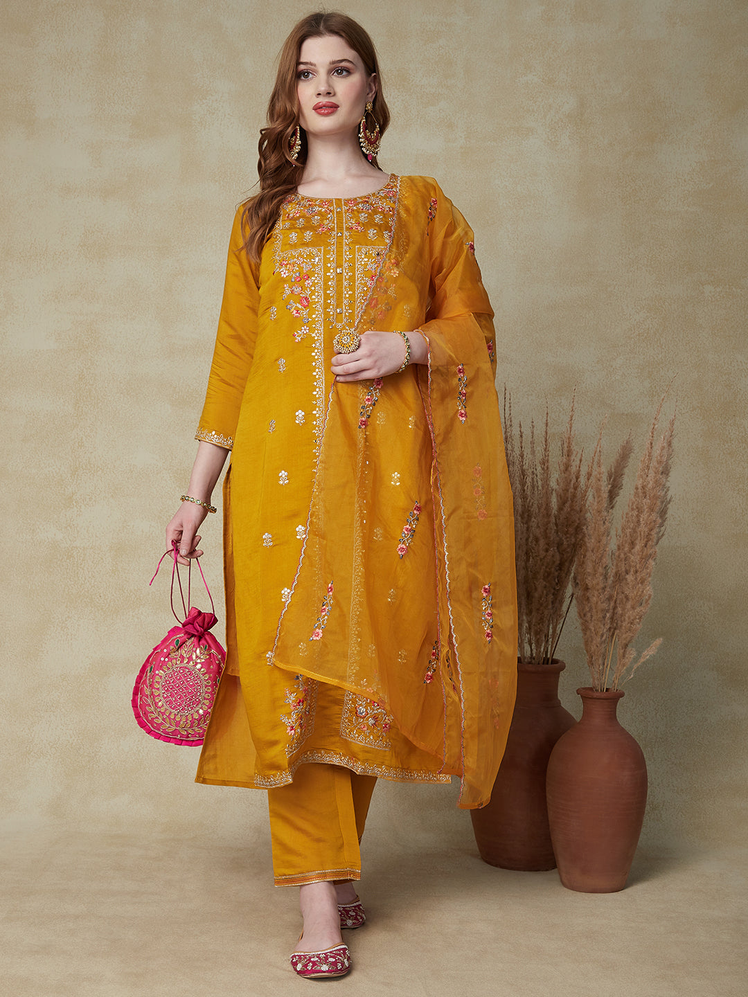 Fashor Solid Mirror, Zari & Resham Embroidered Kurta With Pants & Embroidered Dupatta - Mustard
