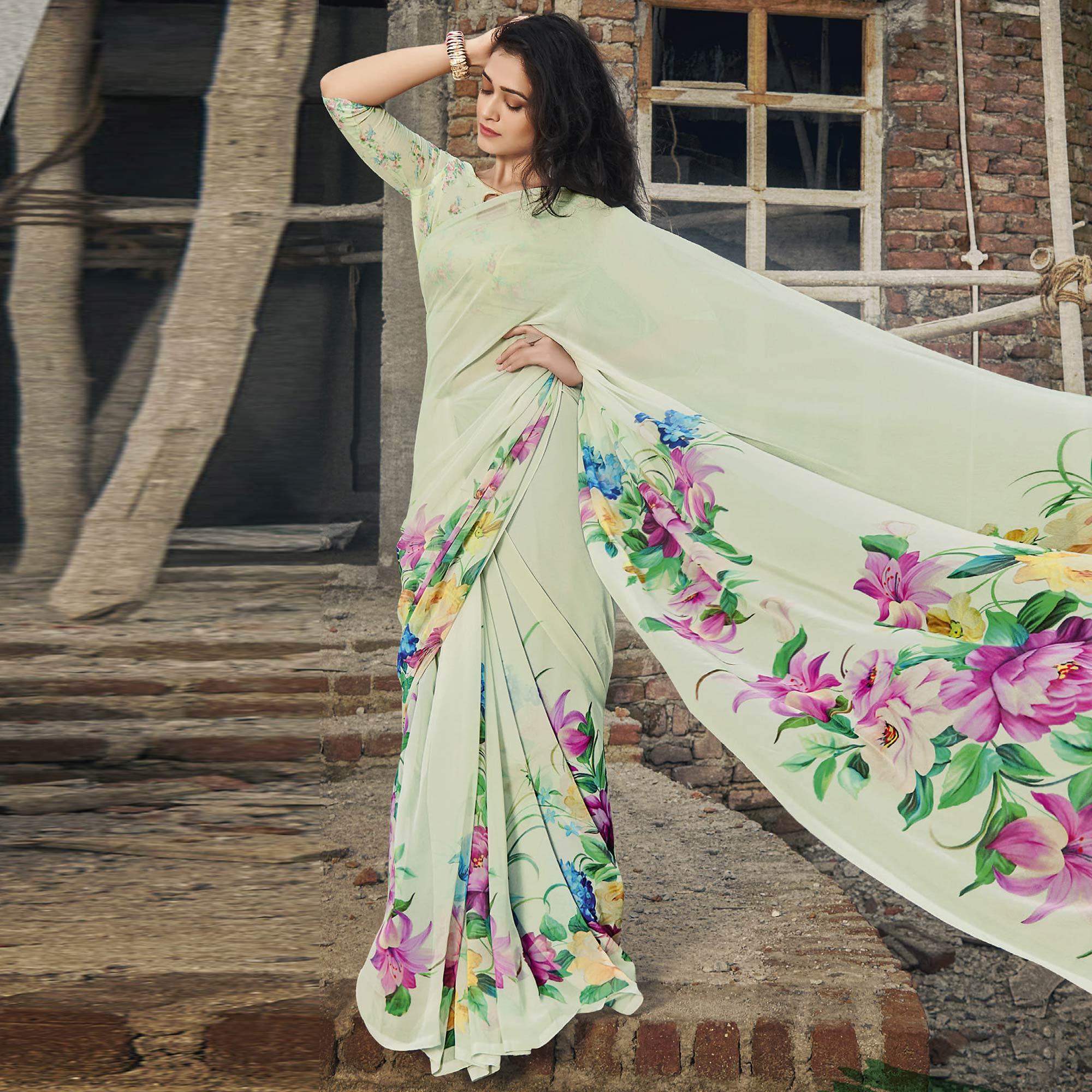 Peachmode Mint Green Casual Wear Floral Printed Georgette Saree
