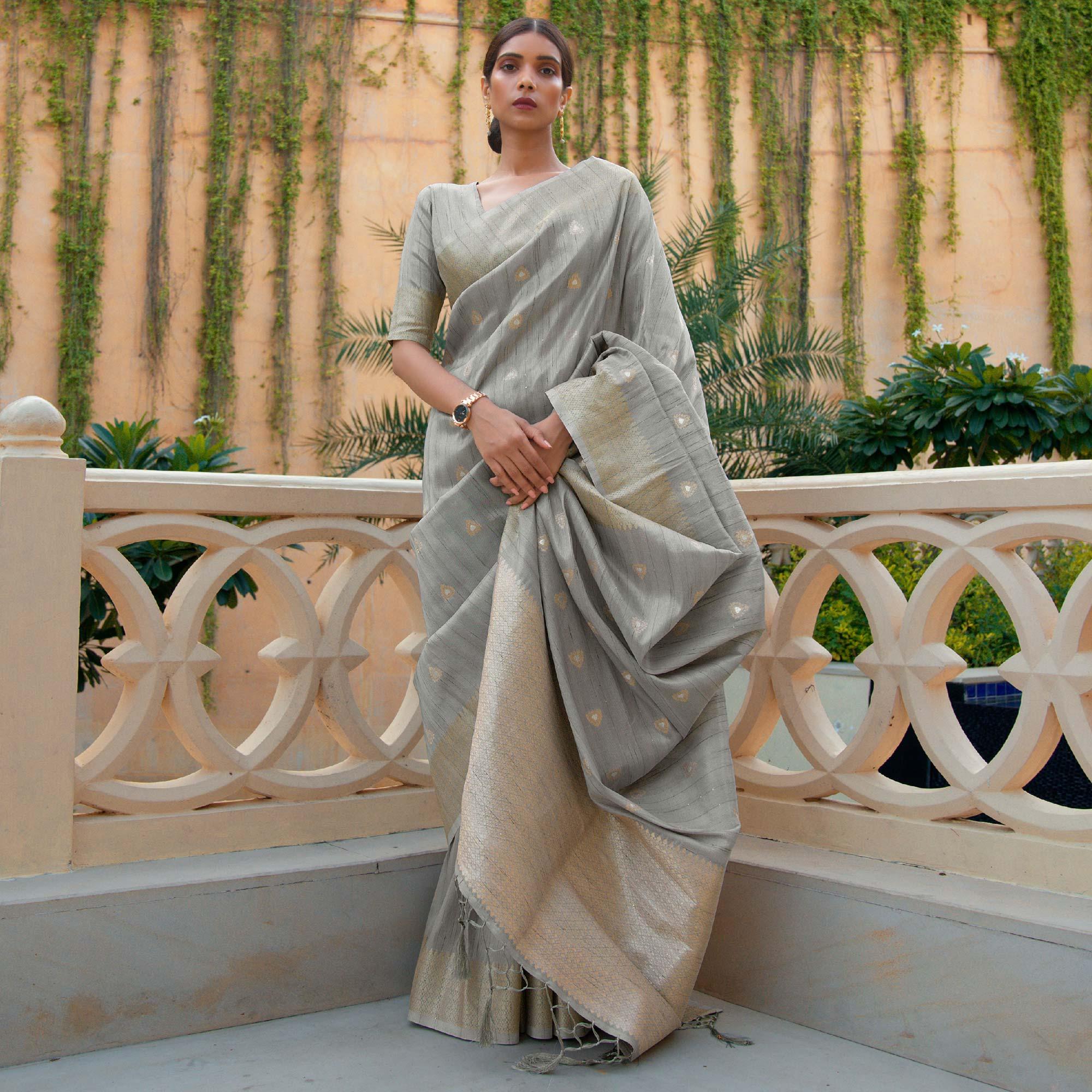 Peachmode Grey Partywear Sequins Woven Silk Saree