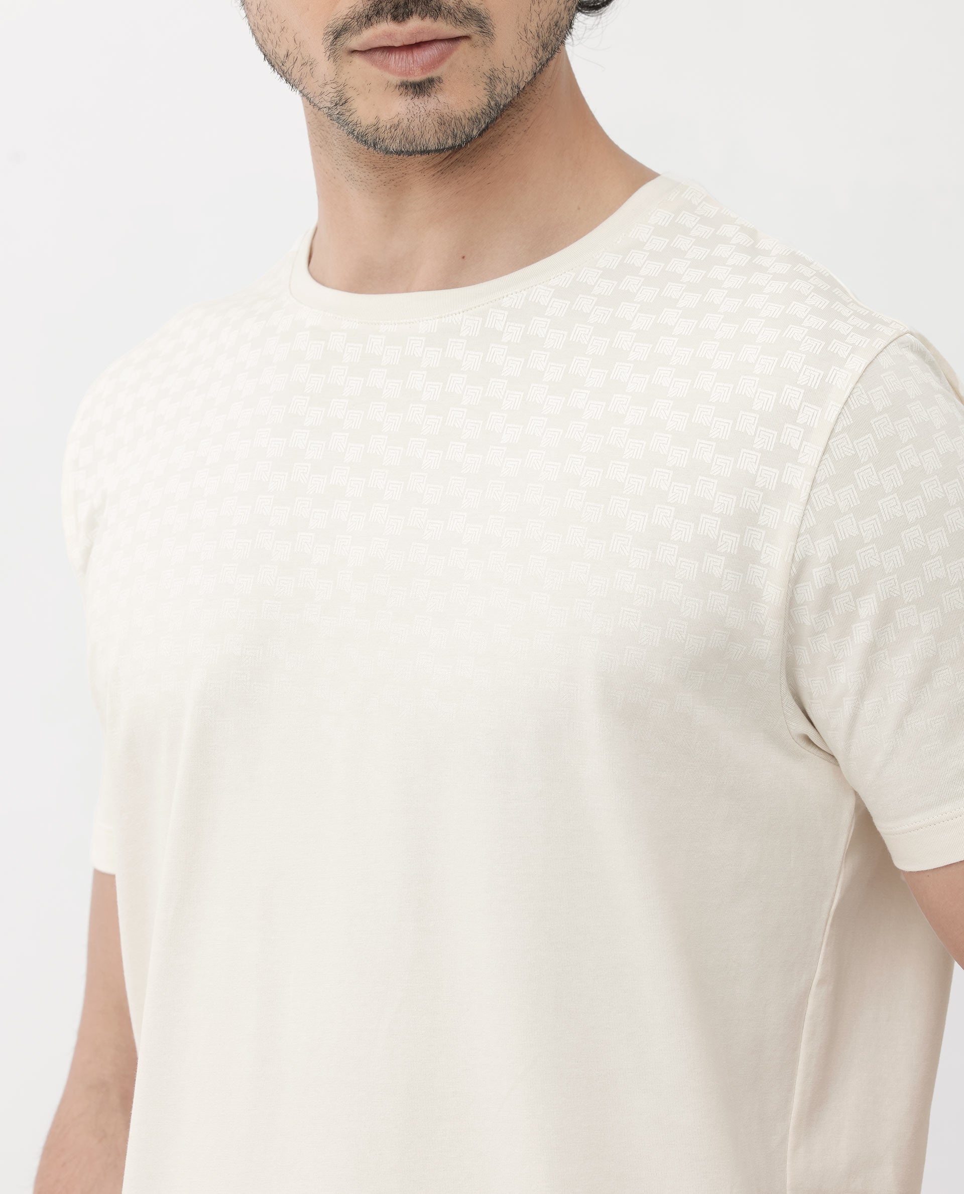 Rare Rabbit Articale Mens Tully Beige Cotton Polyester Fabric Short Sleeve Crew Neck Regular Fit Monogram Printed T-Shirt - view 6