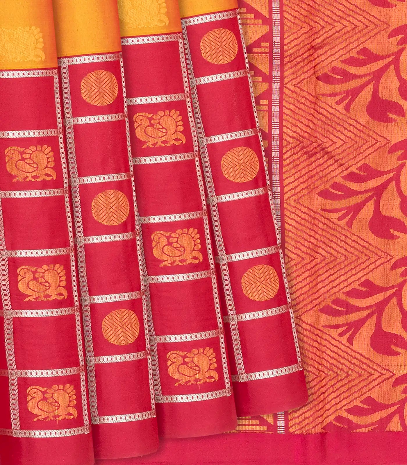 RmKV Mustard Handloom Soft Silk Saree With Annam Buttas-Mustard