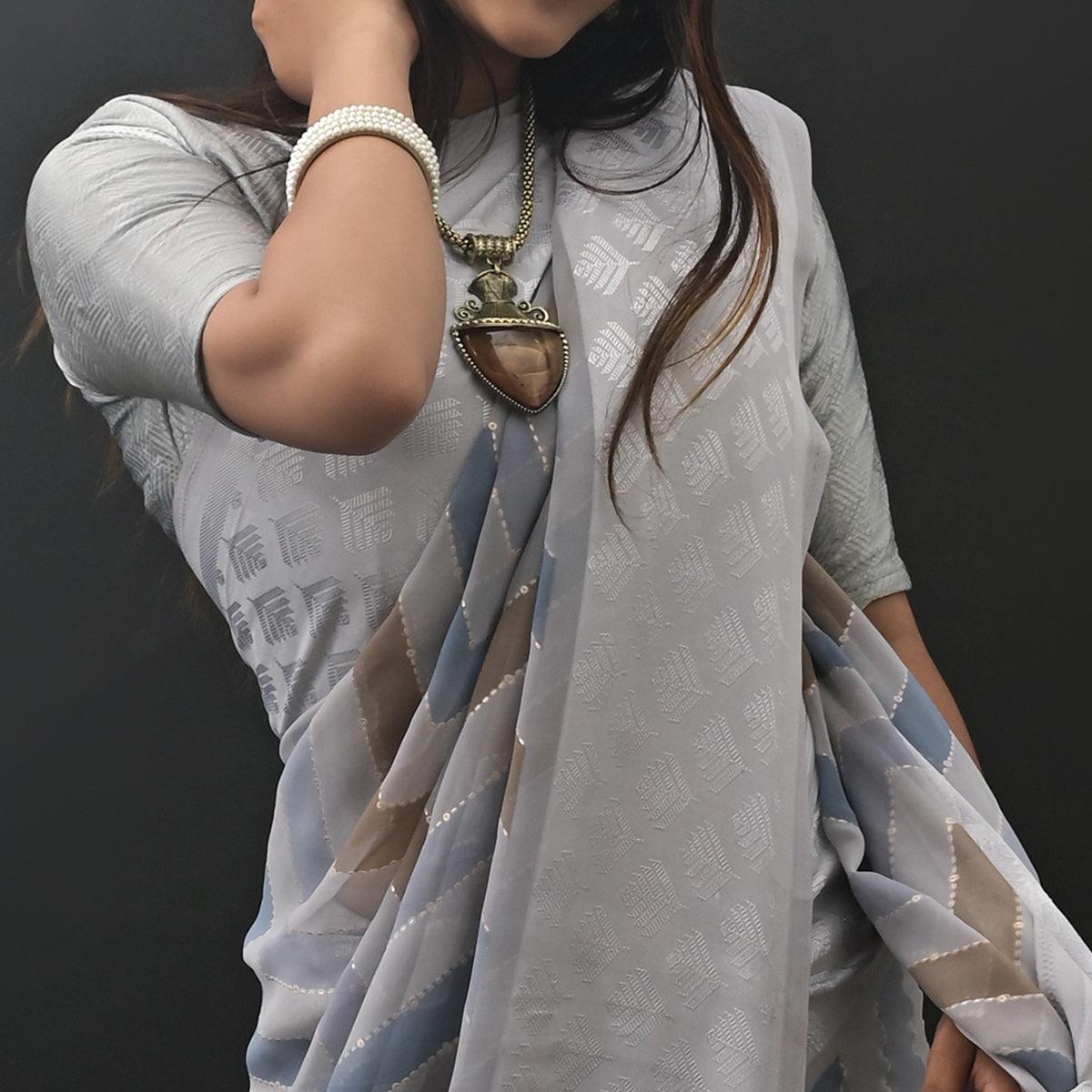 Peachmode Grey Printed Jacquard Border Georgette Saree - view 2