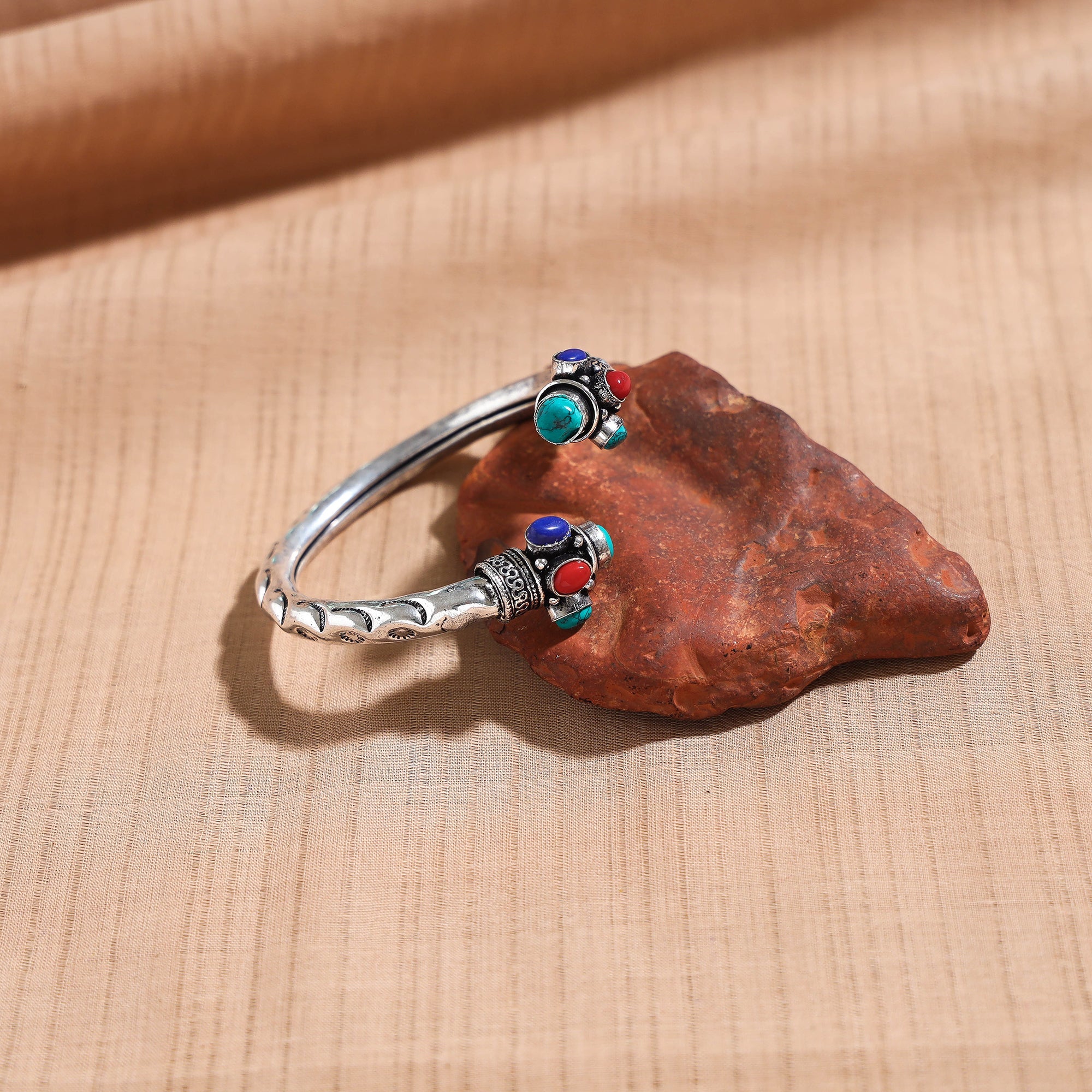 WHITE RIVER STORIES Antique Finish Oxidised German Silver Stone Bangle / Kada (Adjustable)