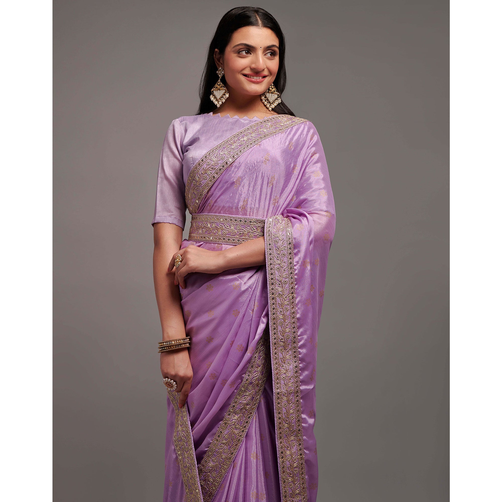 Peachmode Light Purple Foil Printed With Embroidered Border Chinon Saree - view 8