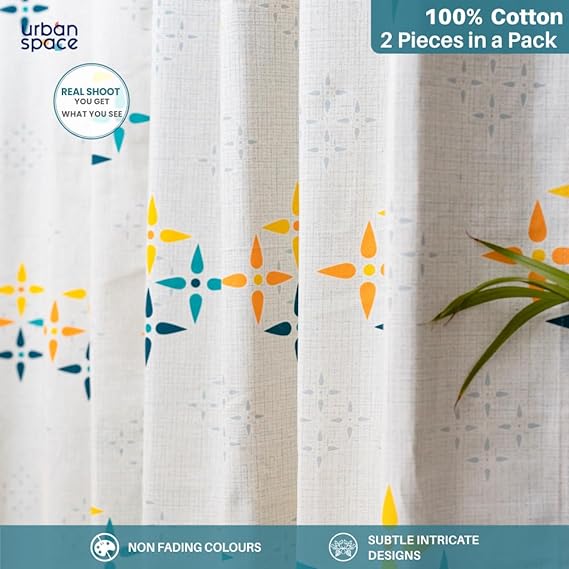 Urban Space -Home Furnishing Store 100% Cotton Curtains for Living Room, Bedroom curtains - Pack of 2 curtains, Mosaic - Yellow & Blue - view 2