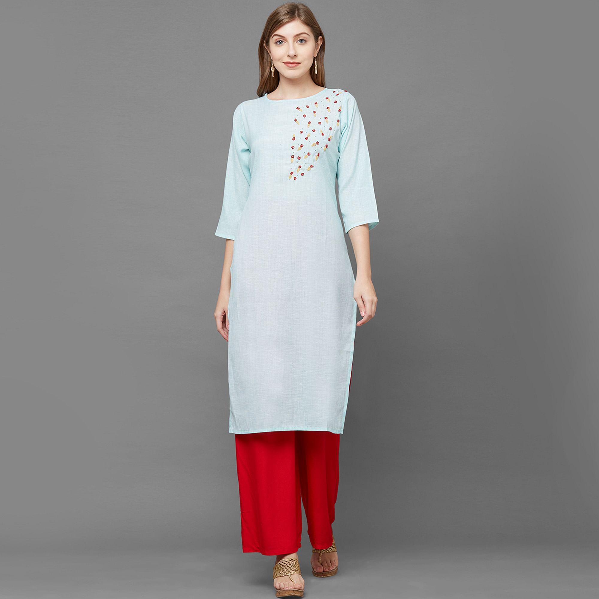 Peachmode Intricate Sky Blue Colored Casual Hand Embroidered Cotton Kurti - view 2