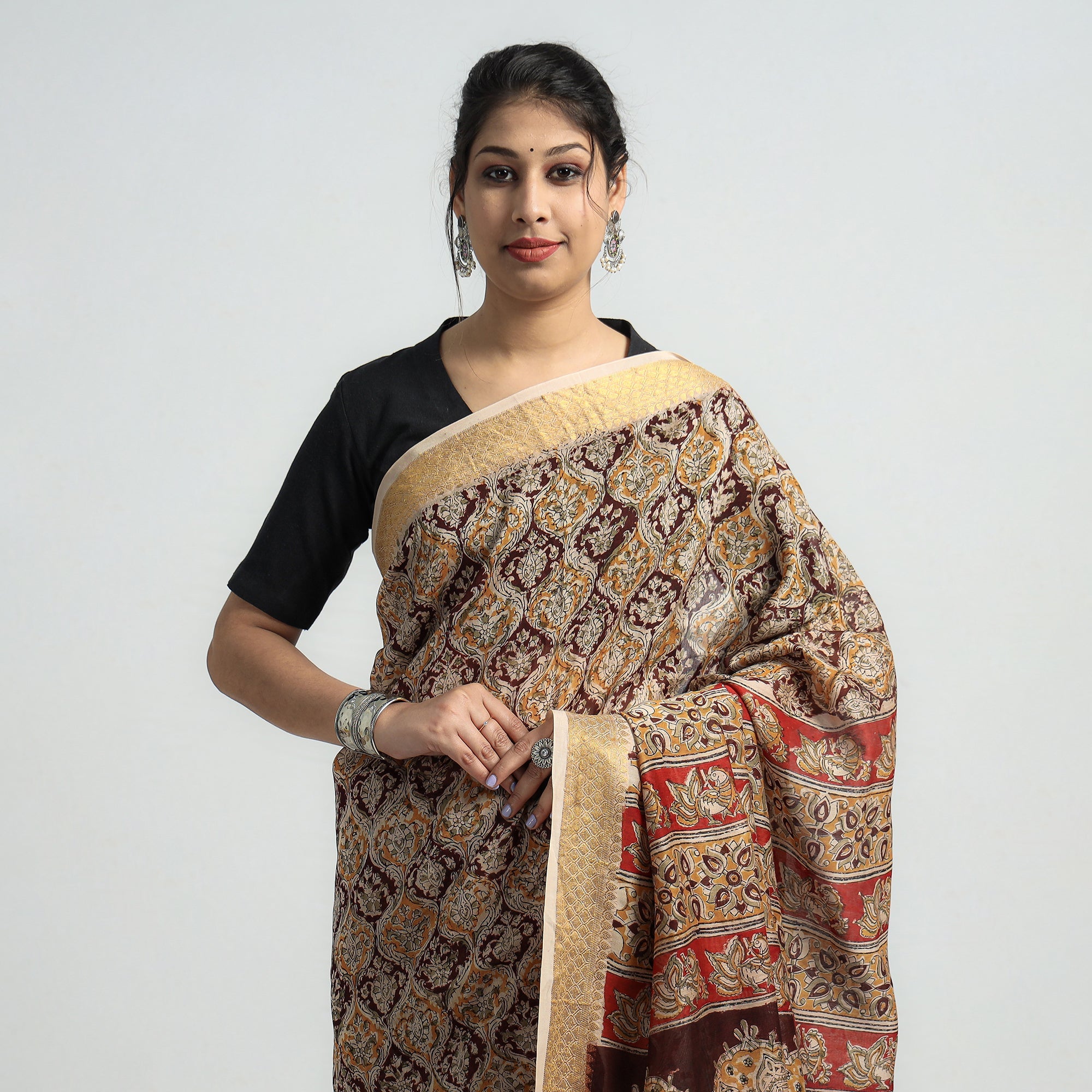 VENKATA BHANU KALAMKARI PEDANA Brown - Original Pedana Kalamkari Block Print Silk Saree - view 3