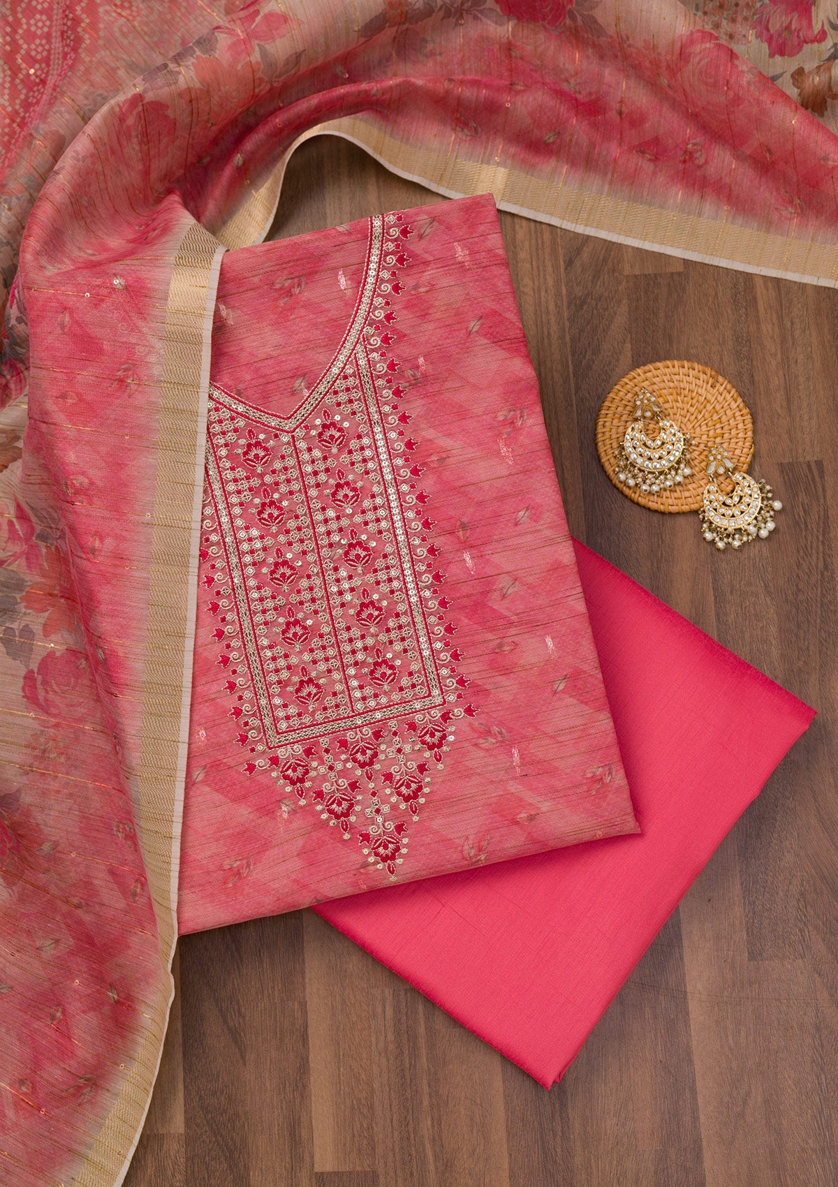 Koskii Pink Printed Raw Silk Unstitched Salwar Suit