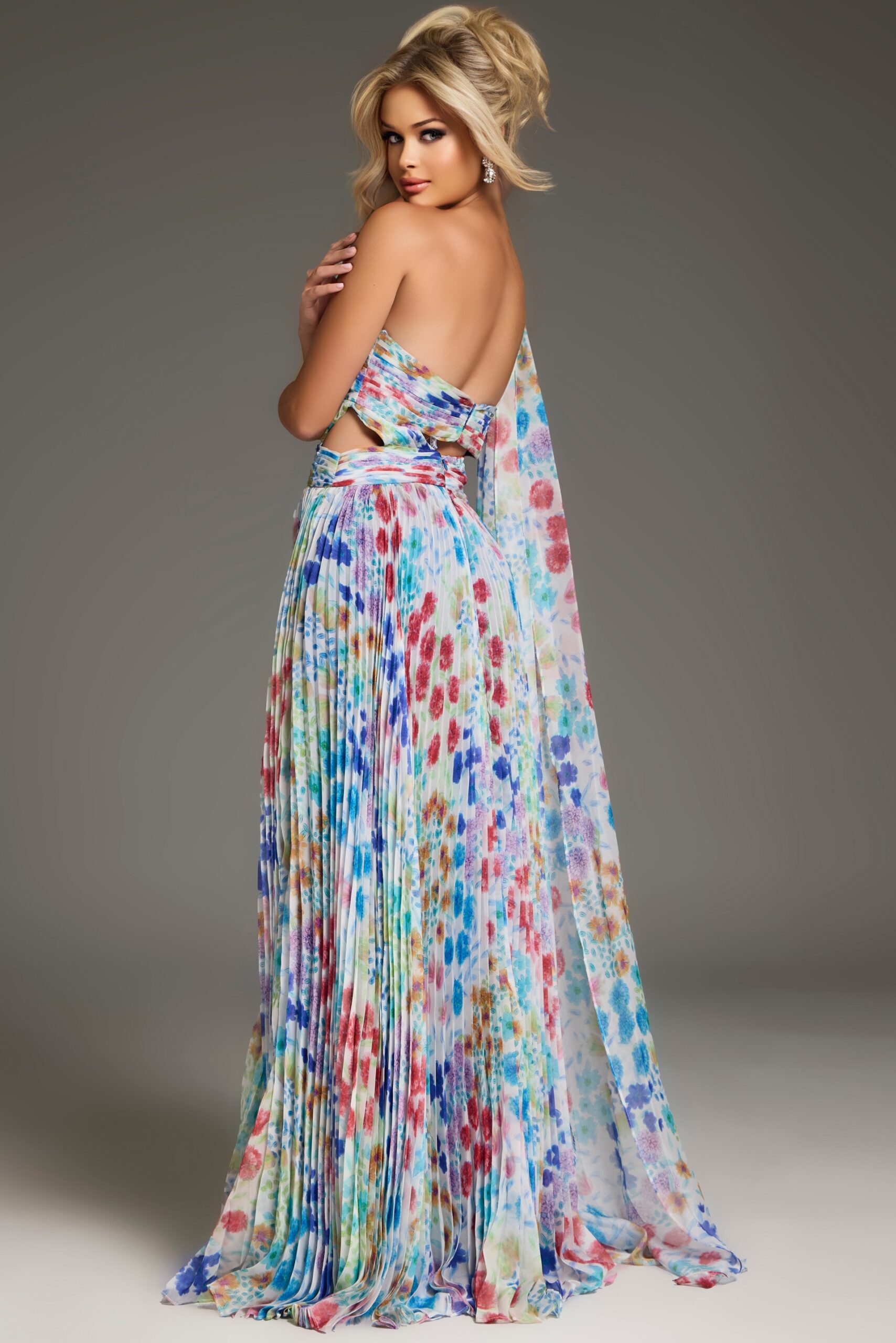 Jovani 38689 Long Formal Pleated Floral Print Prom Dress - view 2