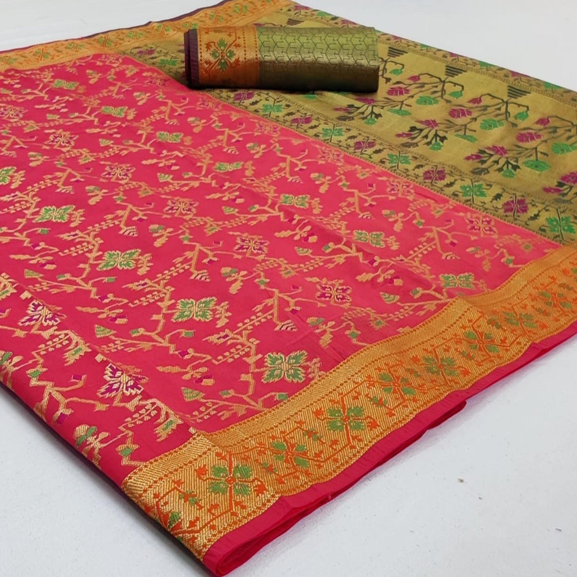 Peachmode Engrossing Pink Colored Festive Wear Woven Silk Saree