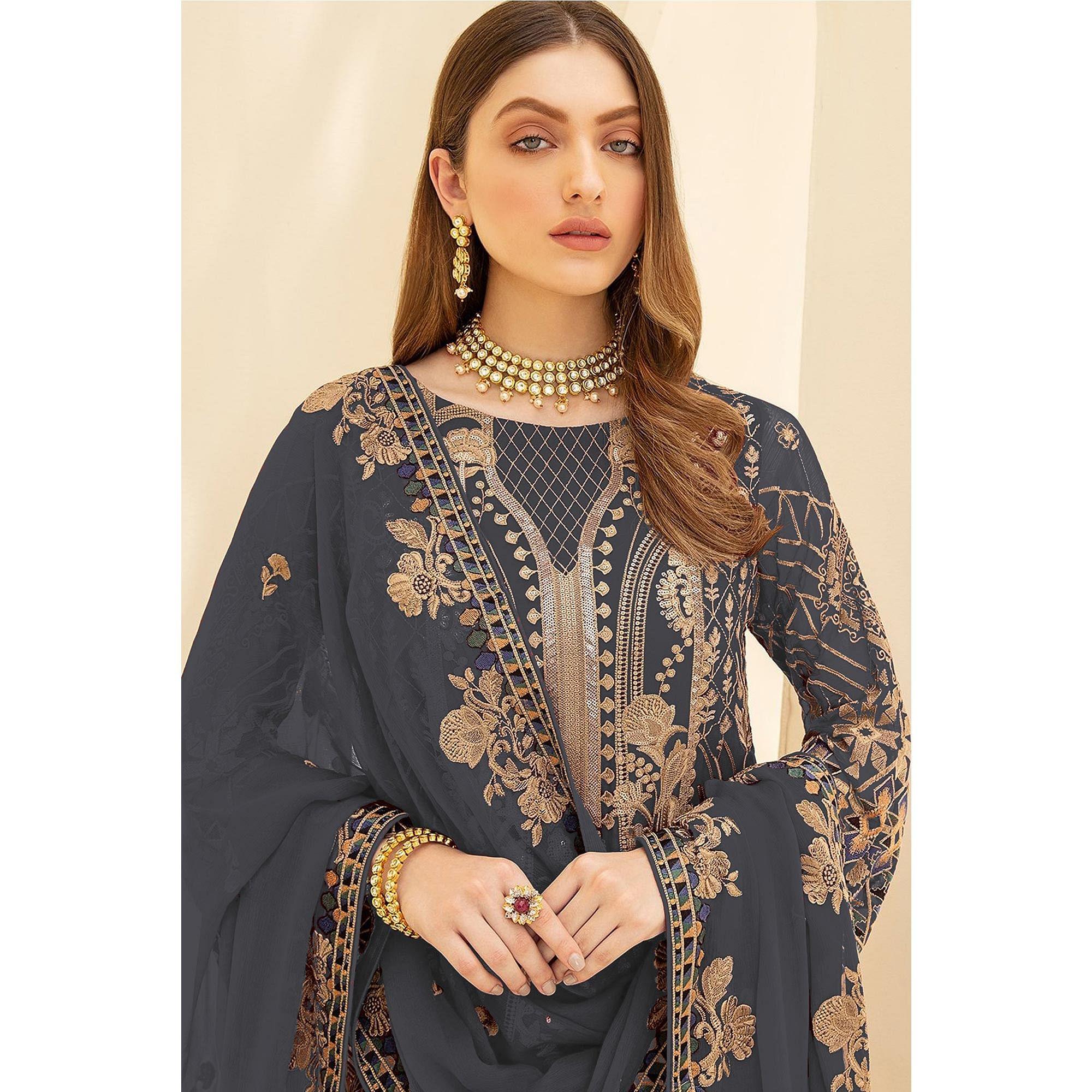 BlackTree grey-party-wear-embroidered-georgette-pakistani-suit-138104 - view 4