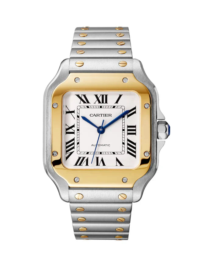 De cartier medium – Cop Underdog Cartier 'SANTOS DE CARTIER, MEDIUM, AUTOMATIC, YELLOW GOLD AND STEEL, INTERCHANGEABLE METAL AND LEATHER BRACELETS'