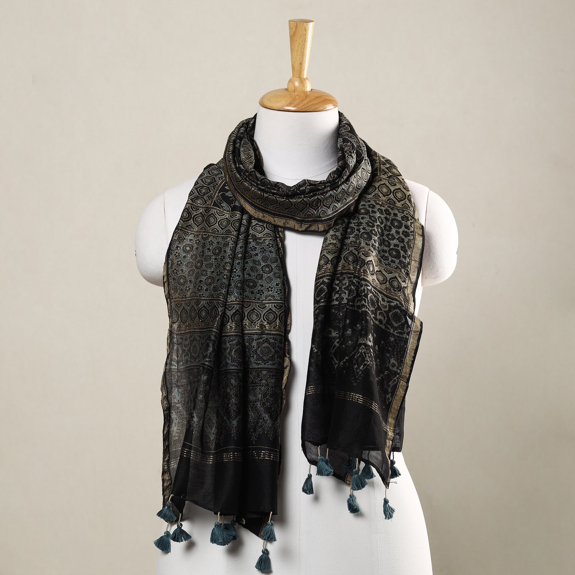 AJRAKH BY SUFIYAN ISMAIL KHATRI Black - Ajrakh Hand Block Printed Chanderi Silk Handloom Stole with Tassels