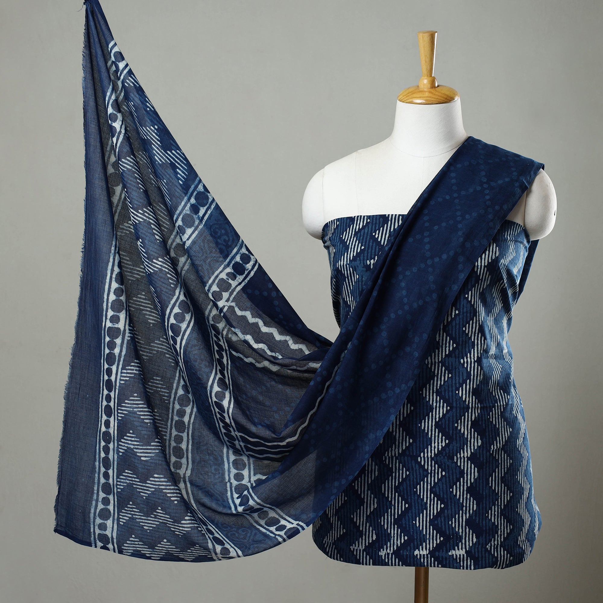 ARTISAN HAND BLOCK PRINTS Blue - 3pc Cotton Indigo Bagru Print Dress Material Set 23